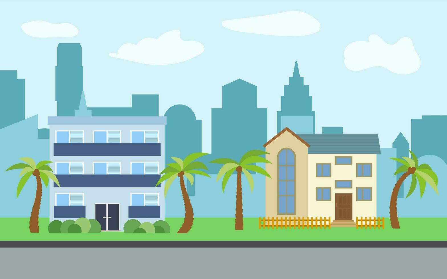 Vector city with two-story and three-story cartoon houses and palm trees in the sunny day. Summer urban landscape. Street view with cityscape on a background