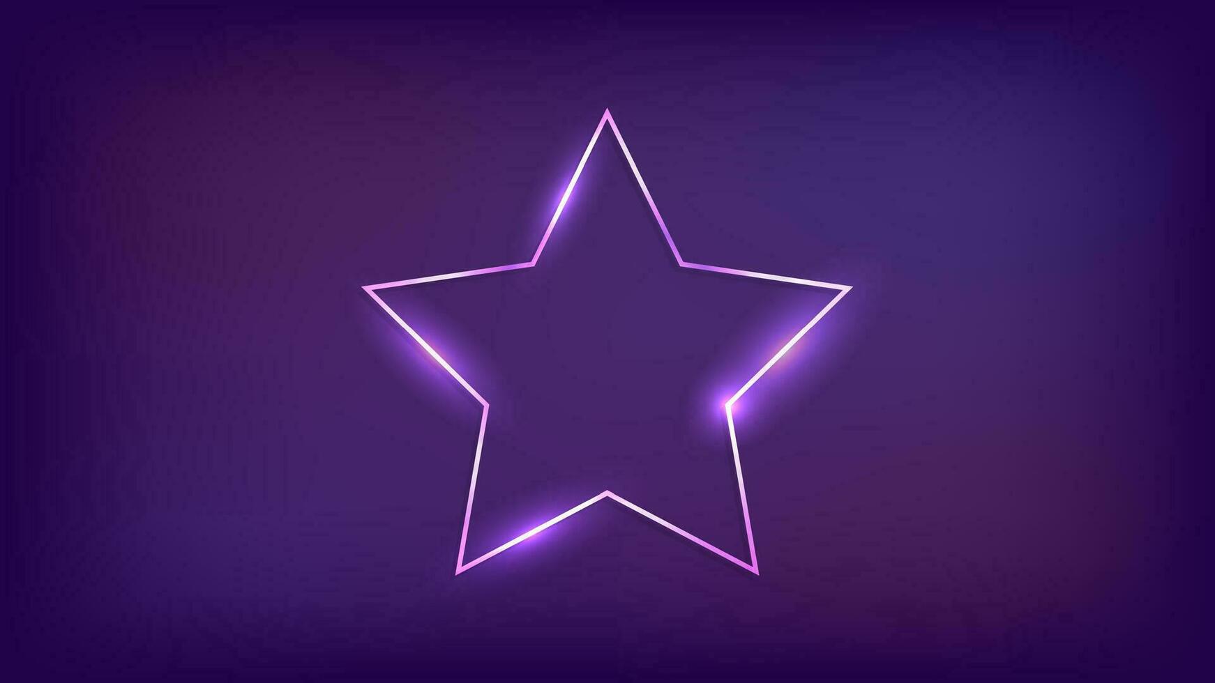 Neon frame in star form with shining effects on dark background. Empty glowing techno backdrop. Vector illustration.