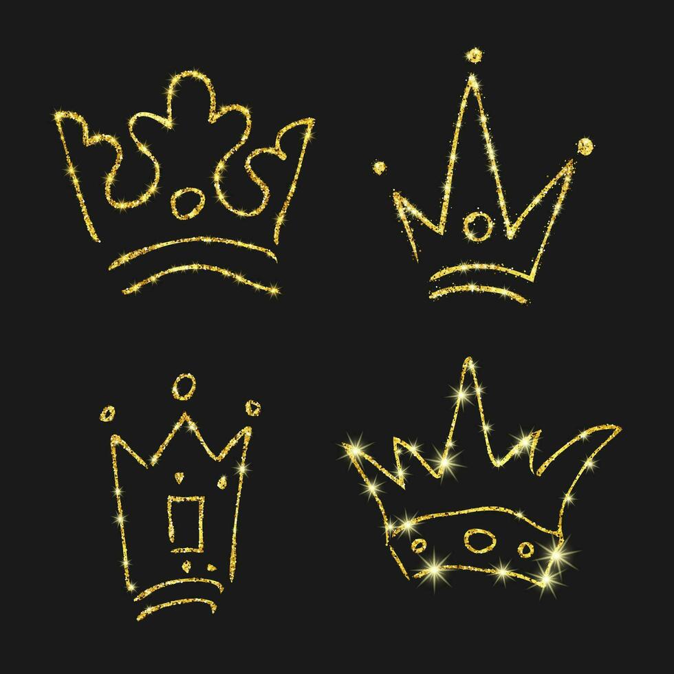 Gold glitter hand drawn crown. Set of four simple graffiti sketches queen or king crowns. Royal imperial coronation and monarch symbol isolated on dark background. Vector illustration.