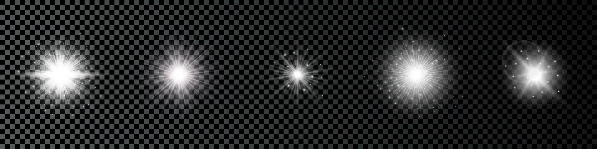 Light effect of lens flares. Set of five white glowing lights starburst effects with sparkles on a dark vector