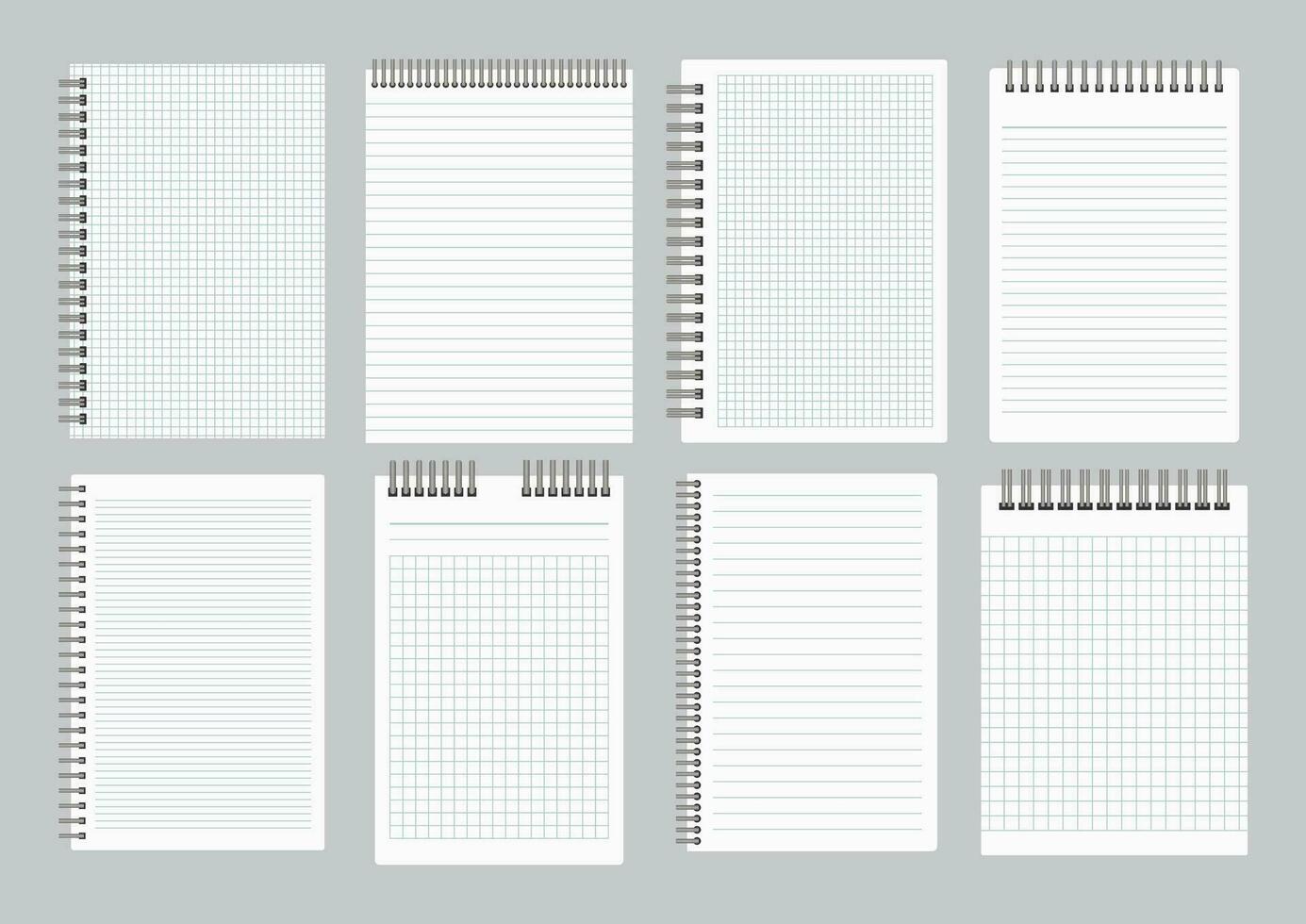 Notepads with empty lined and checkered paper with binder iron spiral. Set of eight notebooks sheets. Vector illustration