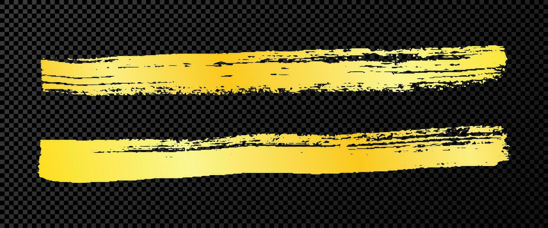 Gold grunge brush strokes. Set of two painted ink stripes. Ink spot isolated on dark vector