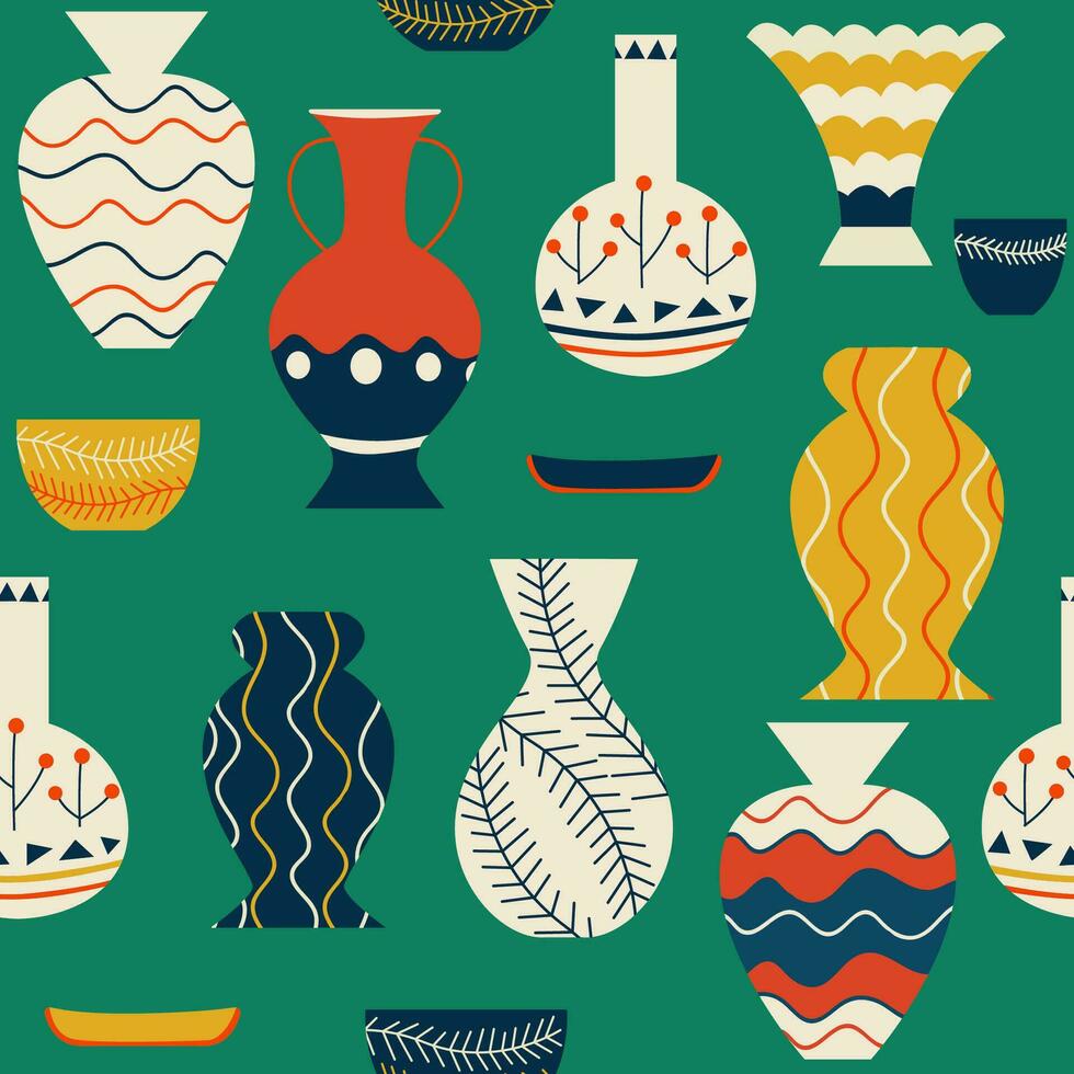 Seamless pattern with ancient vases. Ancient Greek pottery elements, vases, amphoras. Hipster trendy style background. Decor textile, wrapping paper wallpaper vector print