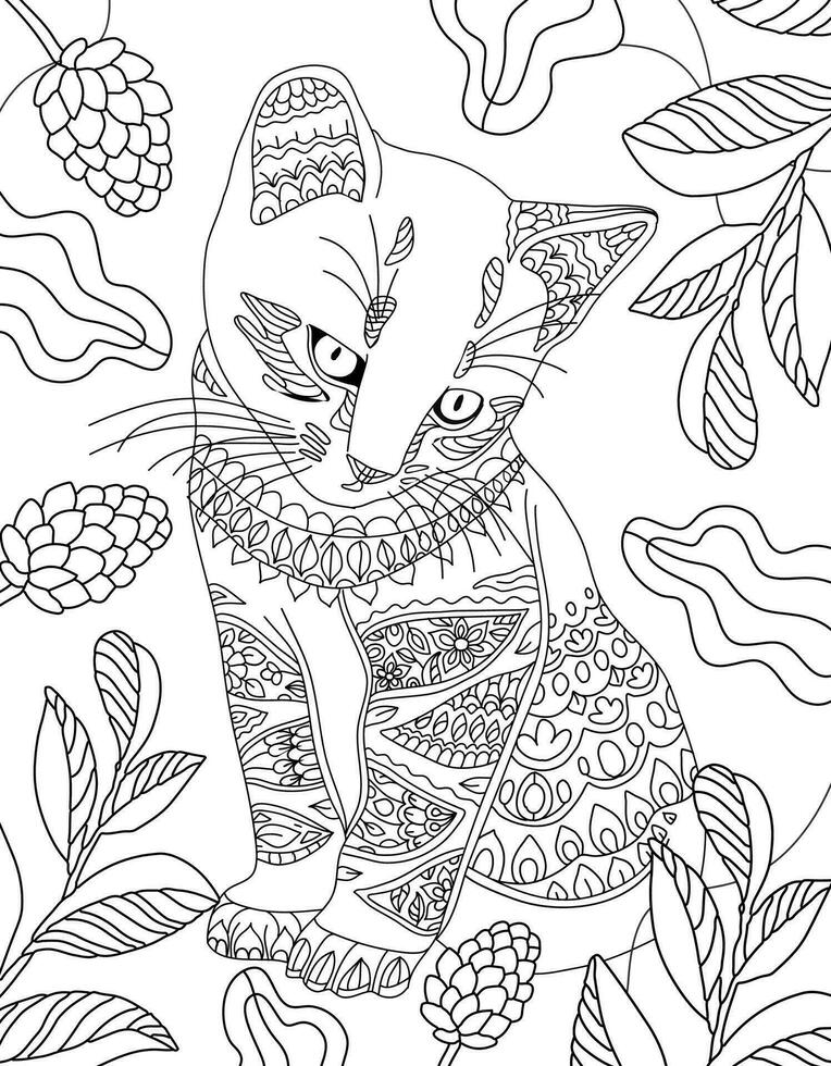 Cute kitten. Hand drawing coloring for kids and adults. Beautiful drawings with patterns and small details. Cat coloring page, monochrome book pictures with animals. Vector