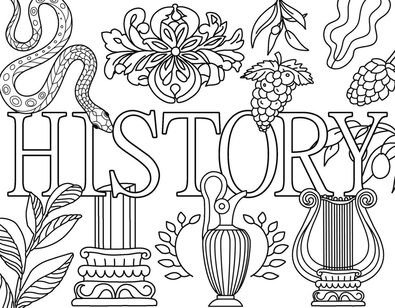 History. Ancient Greece Coloring page. Hand illustrations, Athens antique temple, Corinthian column, pillar. Beautiful drawing with patterns and small details. Coloring book picture vector
