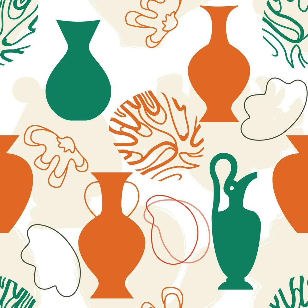 Seamless pattern with ancient pottery art. Ancient Greek clay elements, vases, amphoras, flowers, branches, leaves. Modern background. Decor, textile, wrapping paper, wallpaper print. White background vector