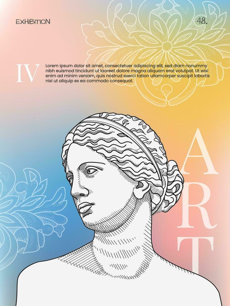 Art posters for the exhibition,  magazine or cover, vector template with sculpture art, Antique statues, gradient background, modern ancient Greek or Roman style. Nostalgia banner