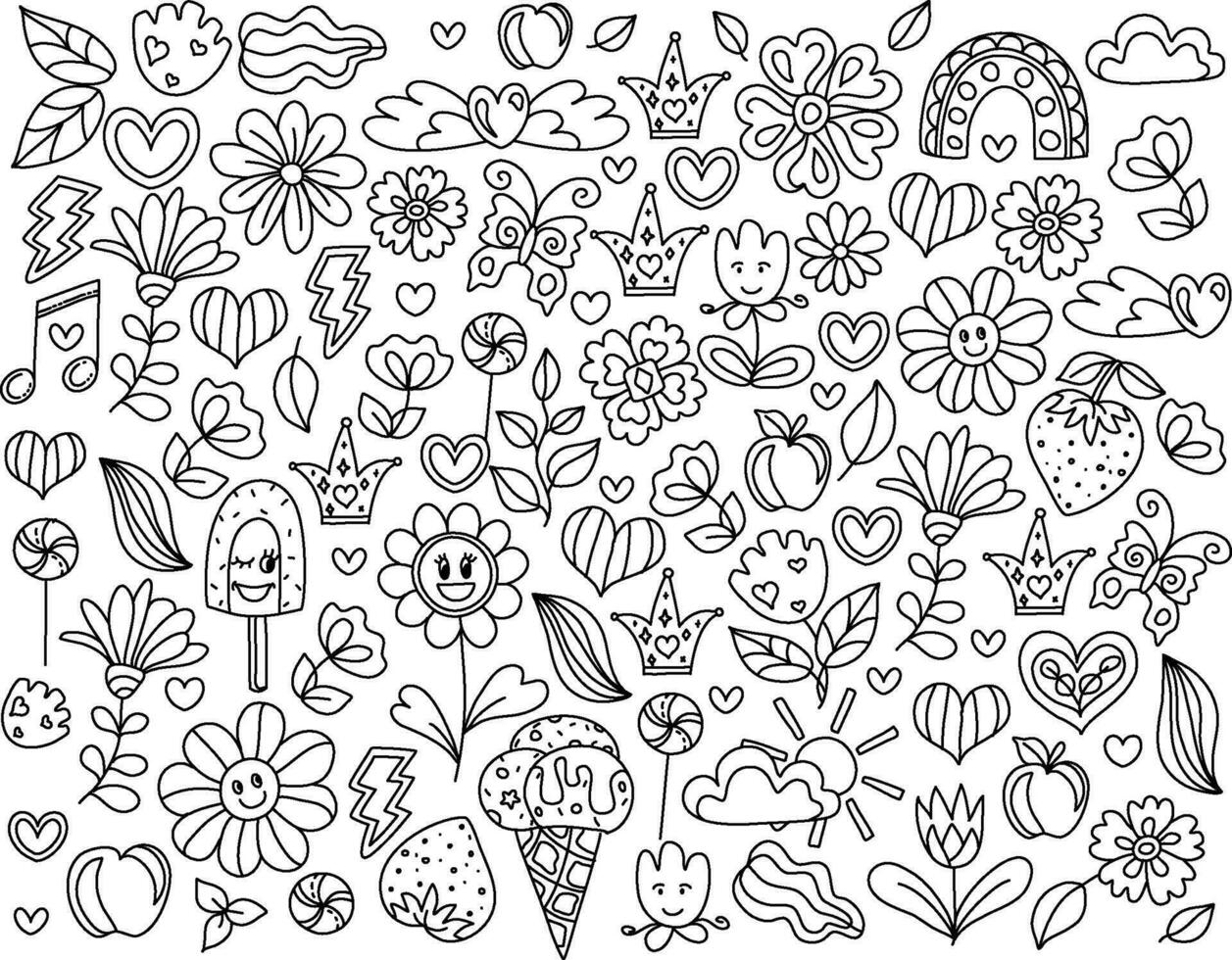 Think positive. Hand drawn coloring pages for kids and adults. Beautiful drawings with patterns. Doodle background. Coloring book pictures with blooming flowers, smiles. vector