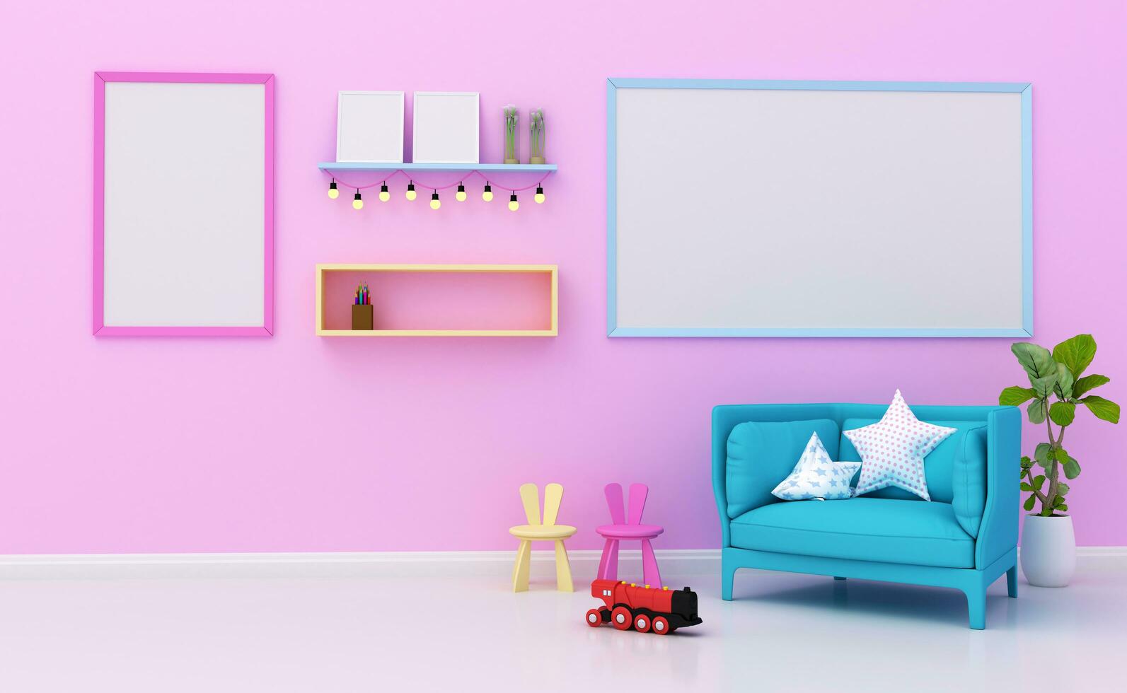 Mock up Kids room interior decorated,  wall in child room with Picture frame, 3d rendering photo