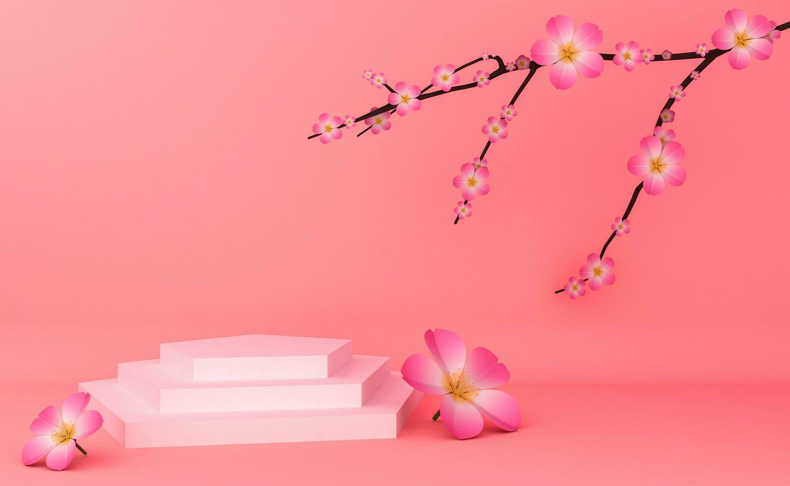 Empty display for product presentation, stage with sakura, 3d rendering photo