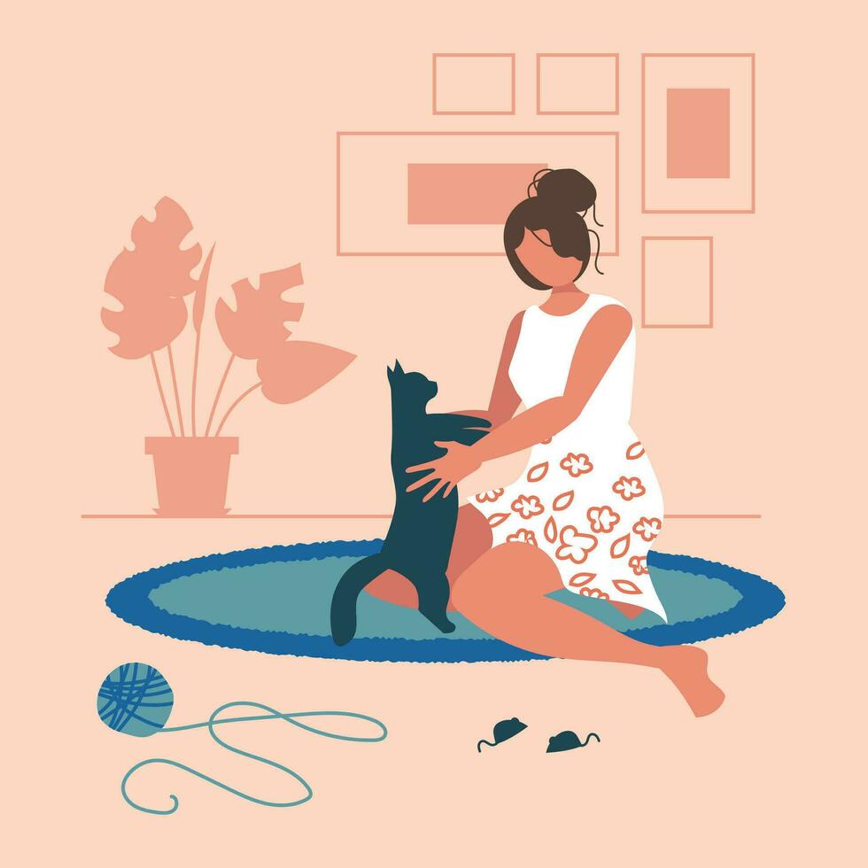 A woman trying to kiss her adorable cat. Daily life concept vector illustration of pets and owners