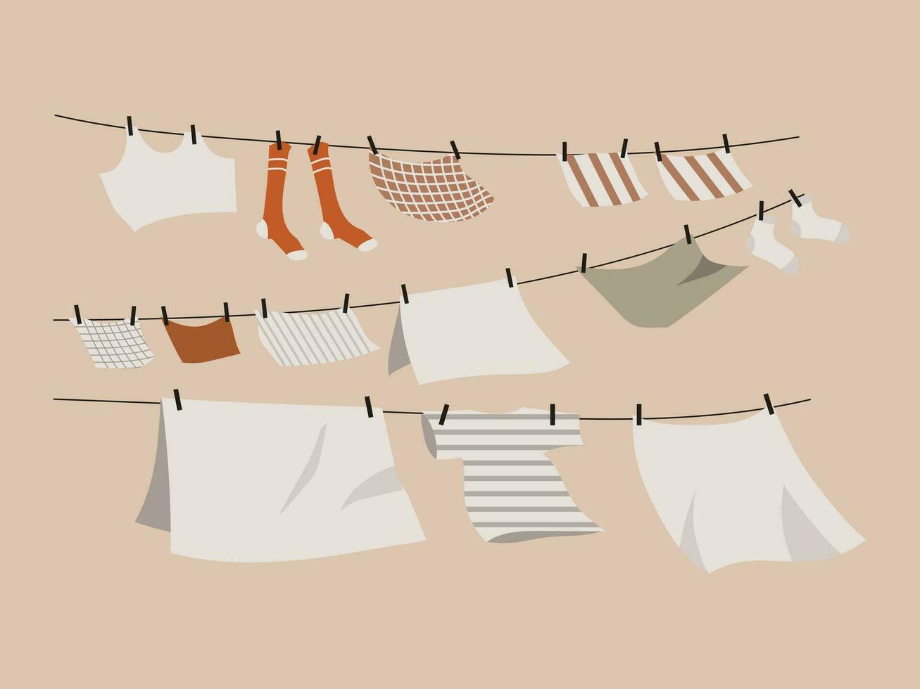 fresh clothes after washing are dried in the sun, background, light colors vector