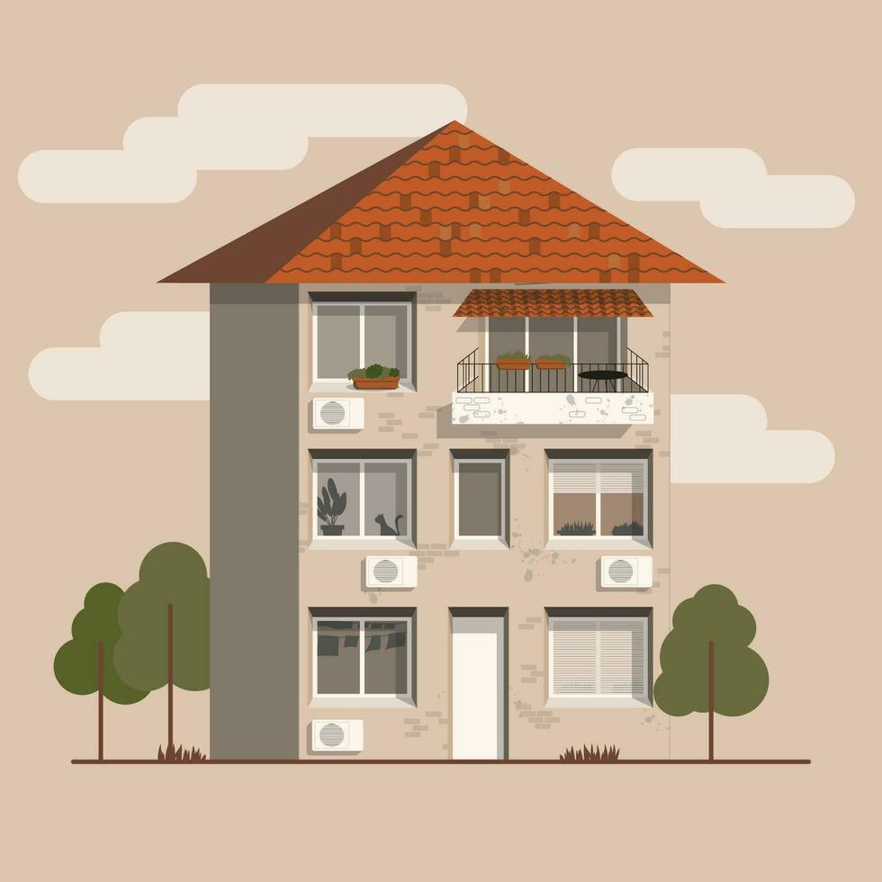 simple vector illustration three storey house with red roof