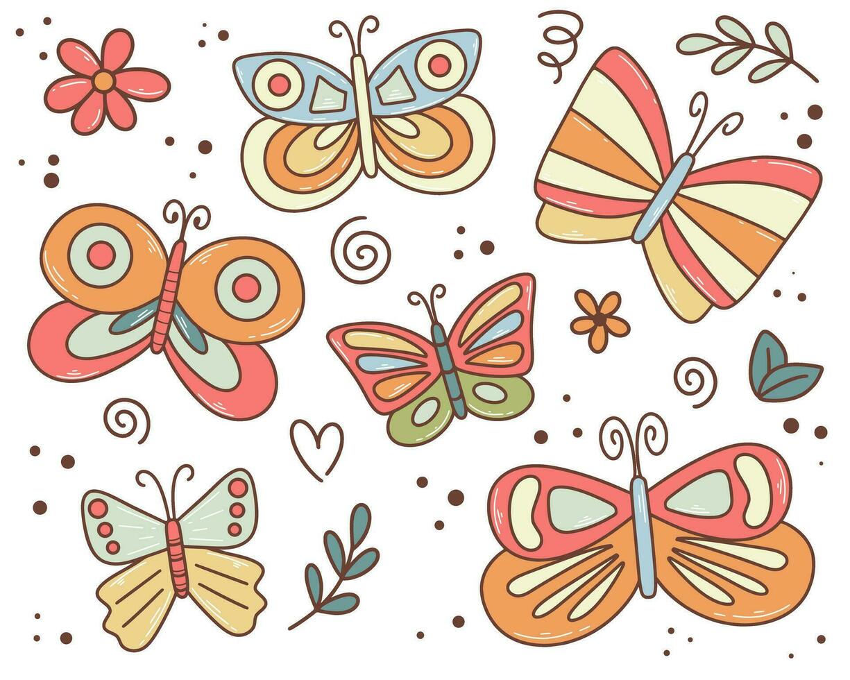 mano dibujado mariposas retro estilo vector