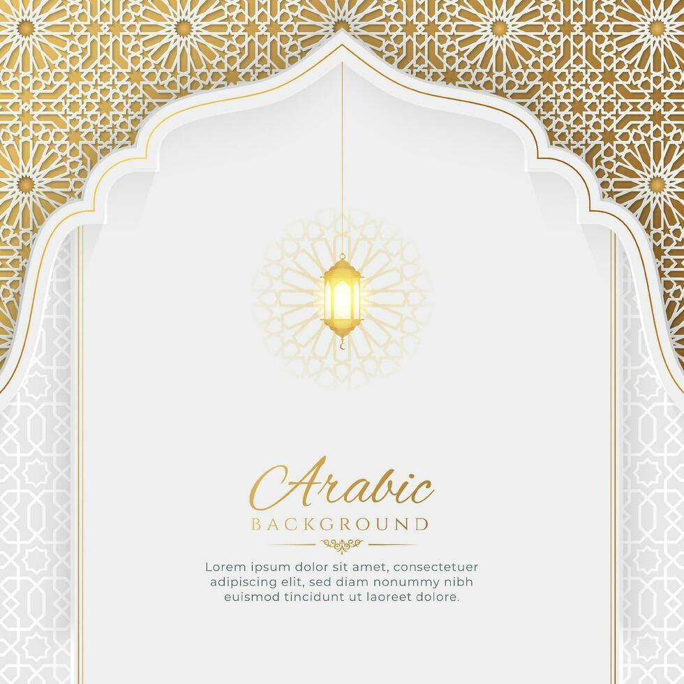 Arabic White and Golden Luxury Background with Decorative Islamic Arch and Lantern vector