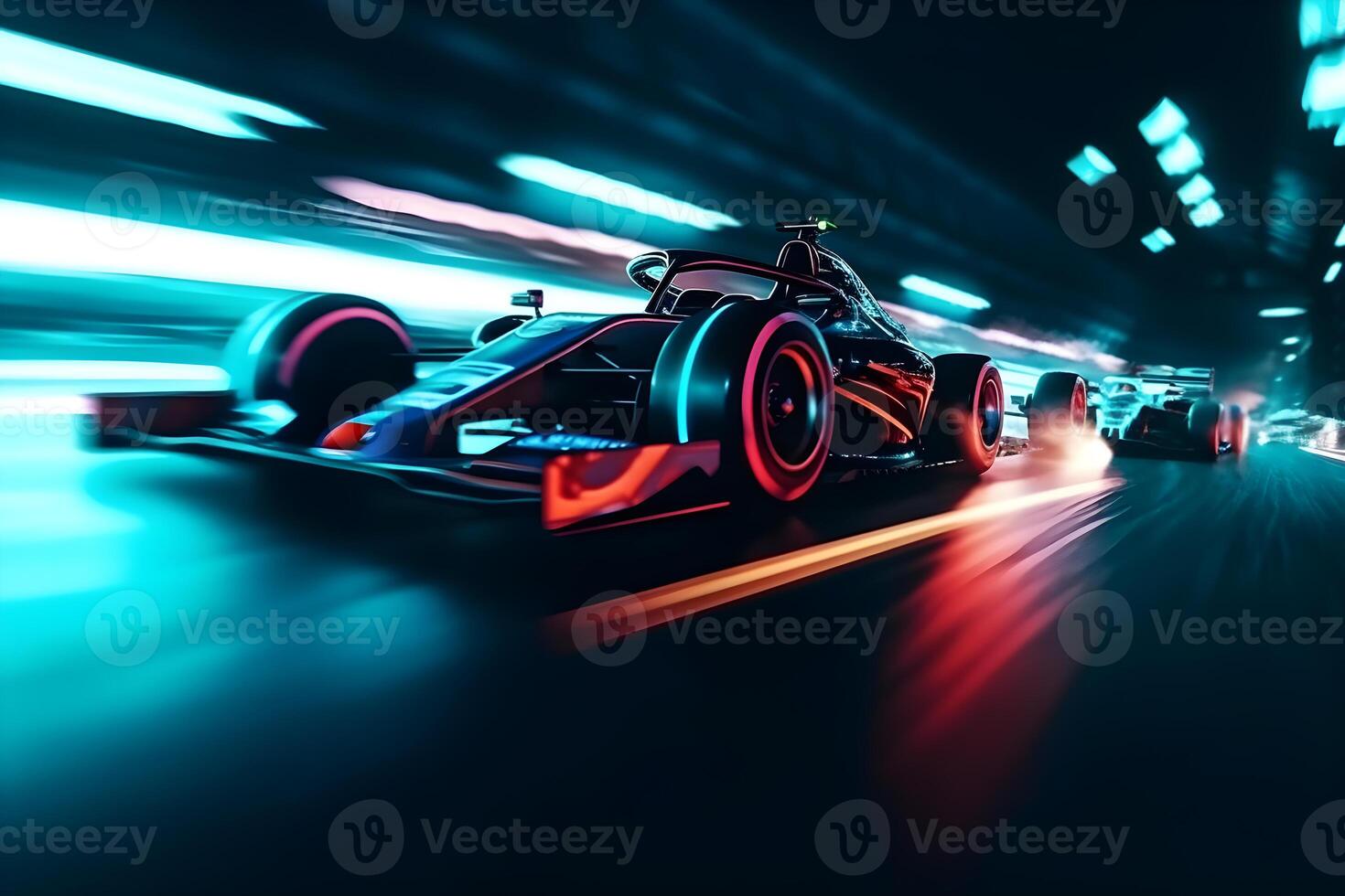 Photo Panning Formula one Cars Overtaking Each Other on the Asphalt Track with Neon ,generative ai