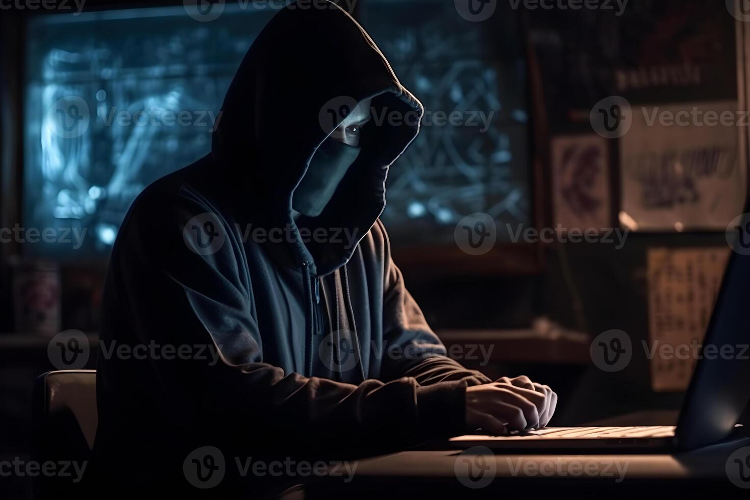 Mysterious hacker wearing a hoodie is typing on a laptop, photo