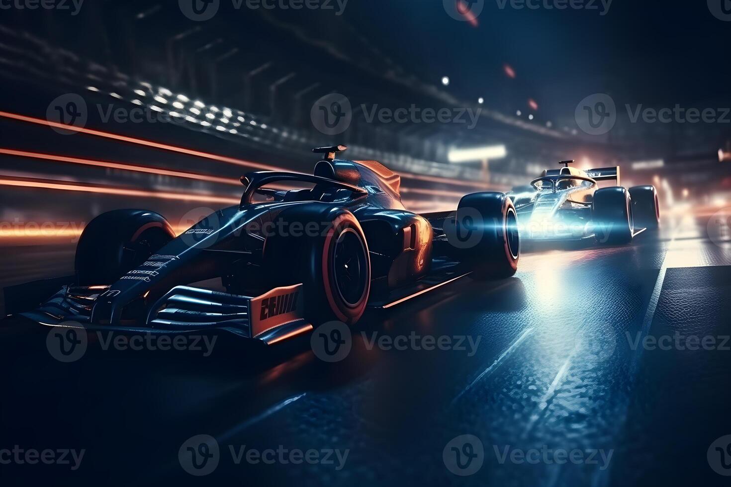 Photo Panning Futuristic Cars Overtaking Each Other on the Asphalt Track with Neon ,