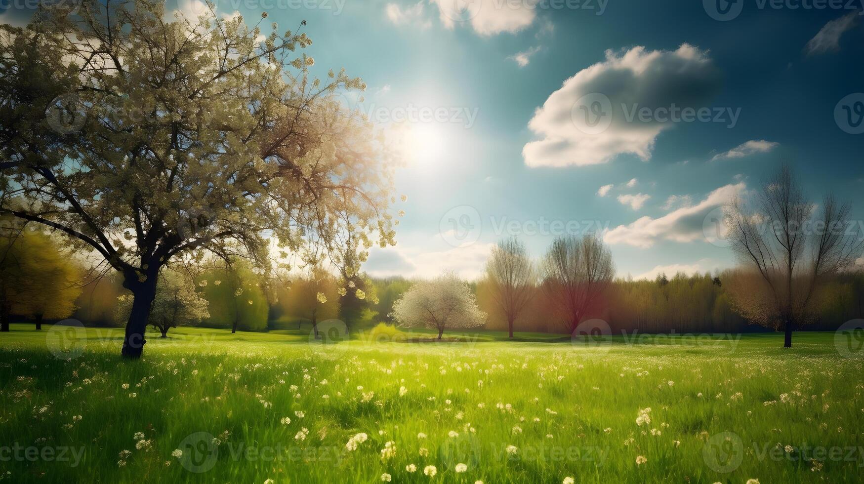 ver primavera naturaleza con un pulcramente recortado césped rodeado por arboles ,generativo ai foto