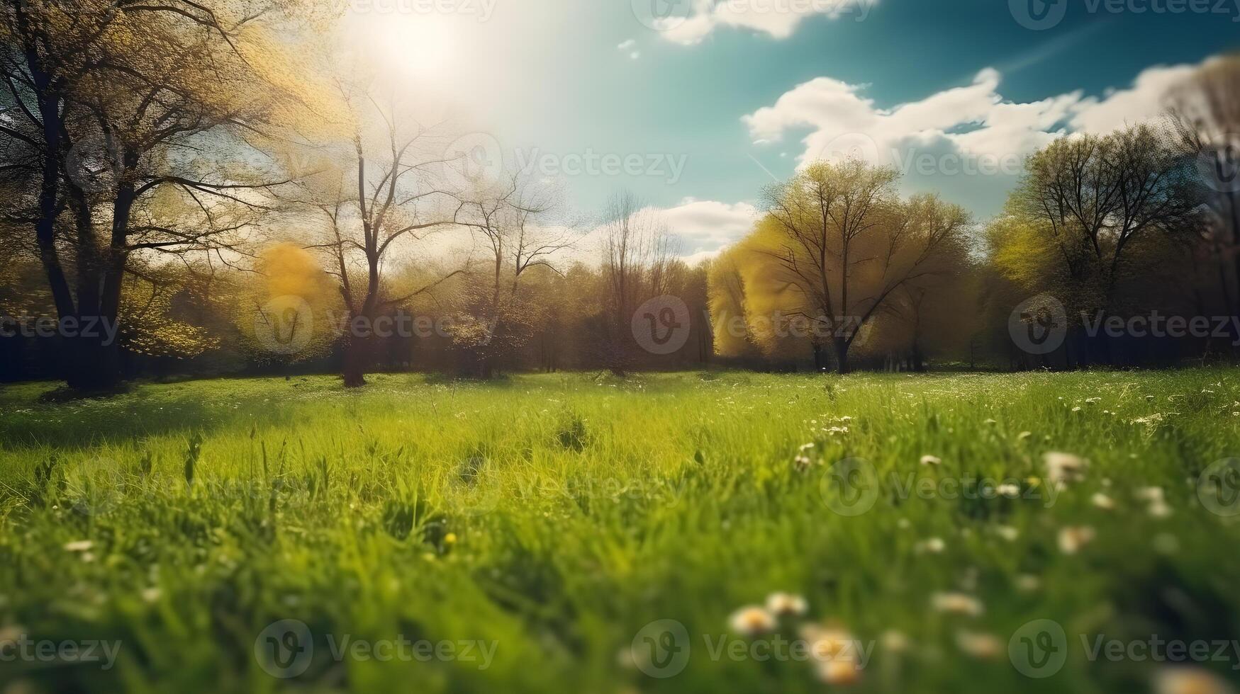 ver primavera naturaleza con un pulcramente recortado césped rodeado por arboles ,generativo ai foto