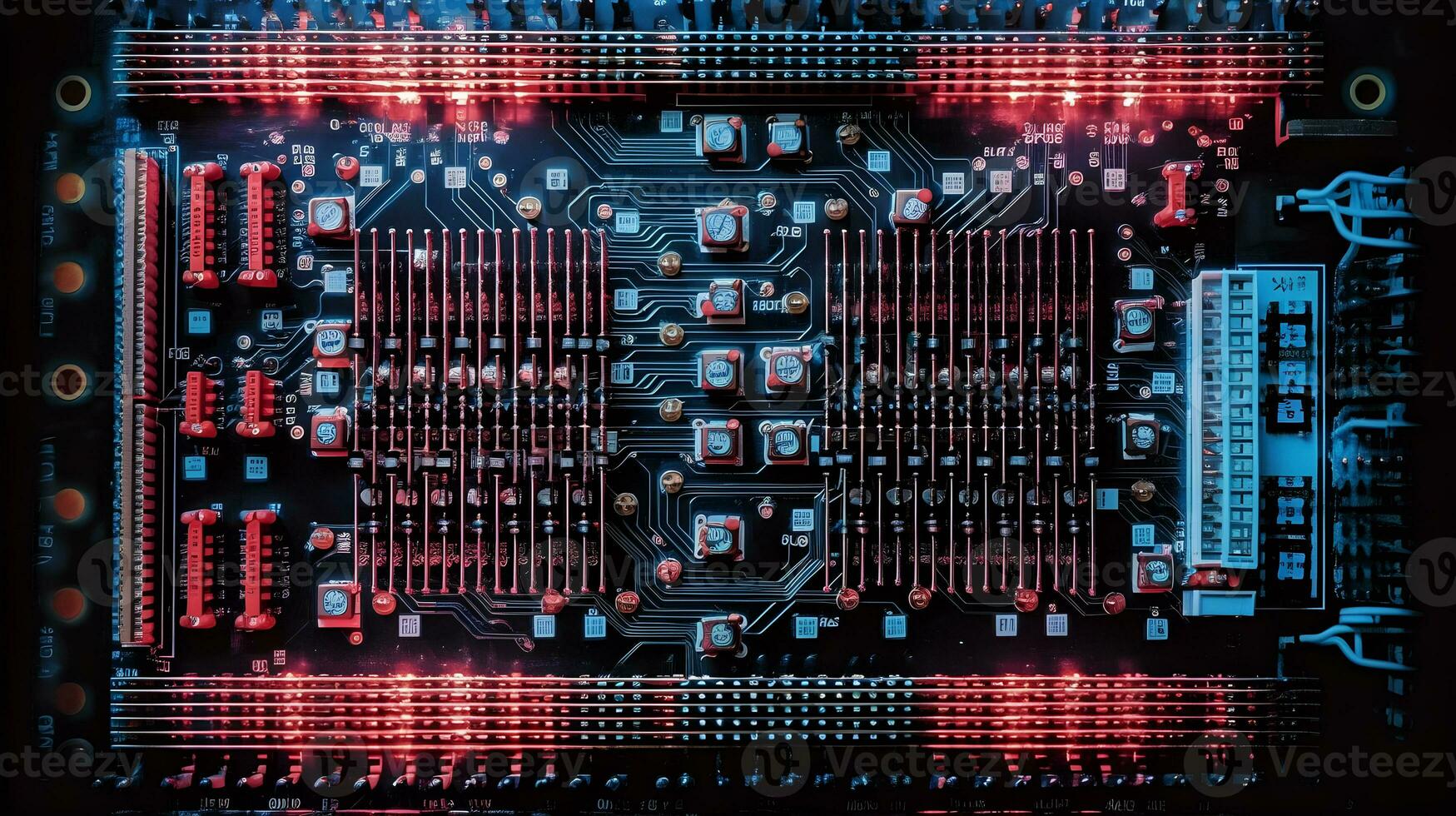 a computer circuit board with red and blue lights ,generative ai photo