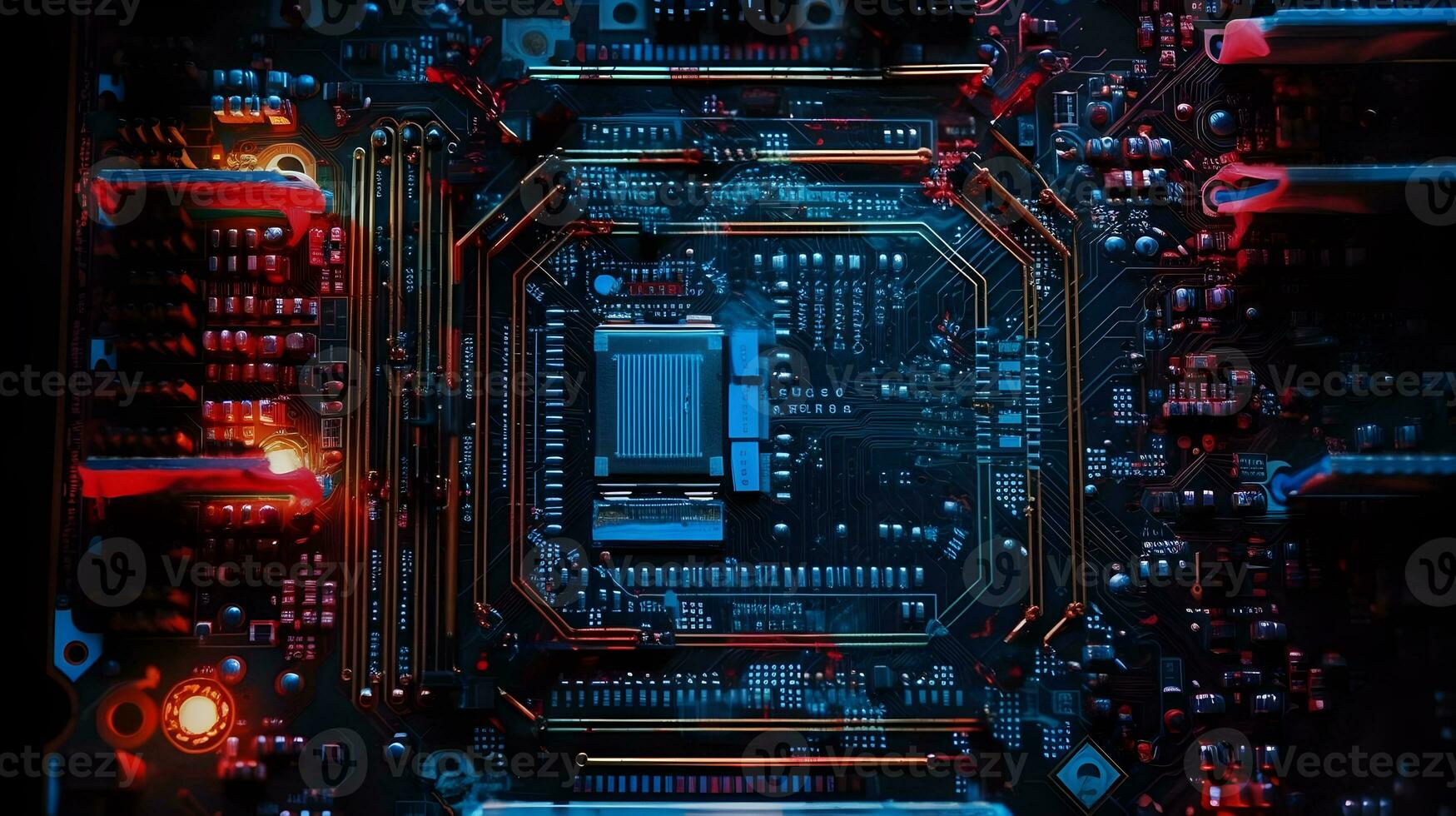 a computer circuit board with red and blue lights ,generative ai photo