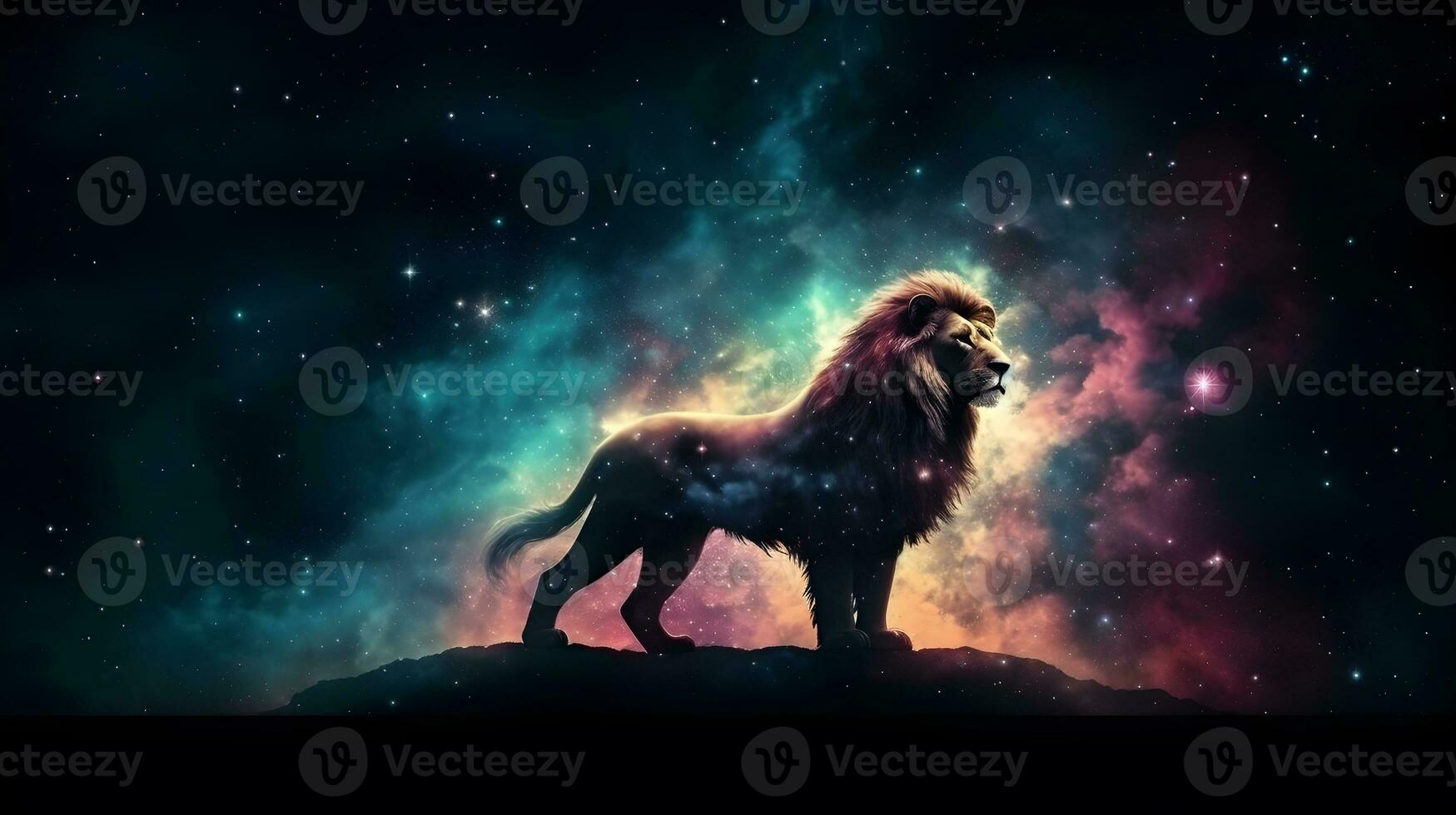 silhouette lion in Colorful space galaxy cloud nebula ,generative ai photo