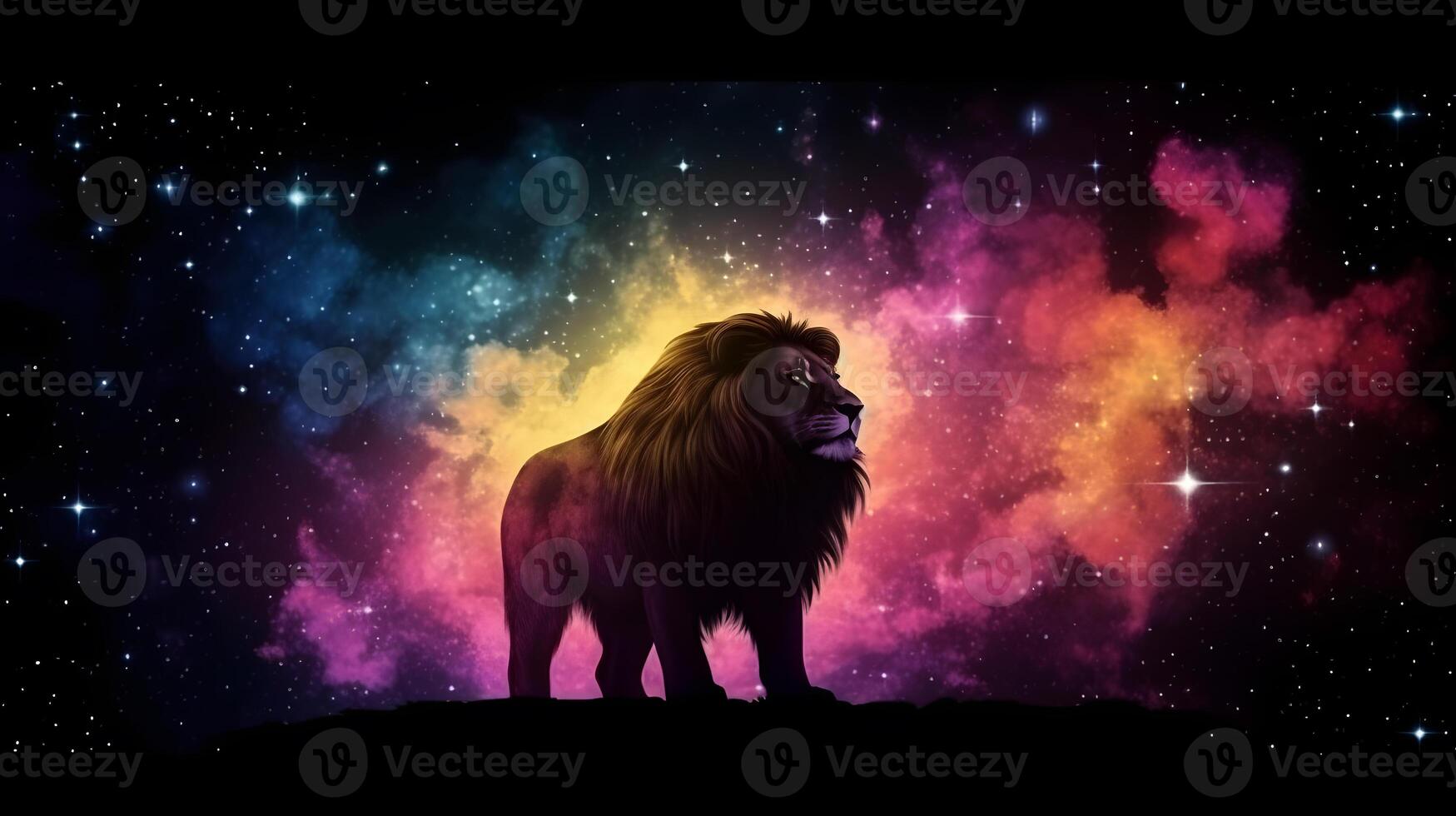 silhouette lion in Colorful space galaxy cloud nebula ,generative ai photo