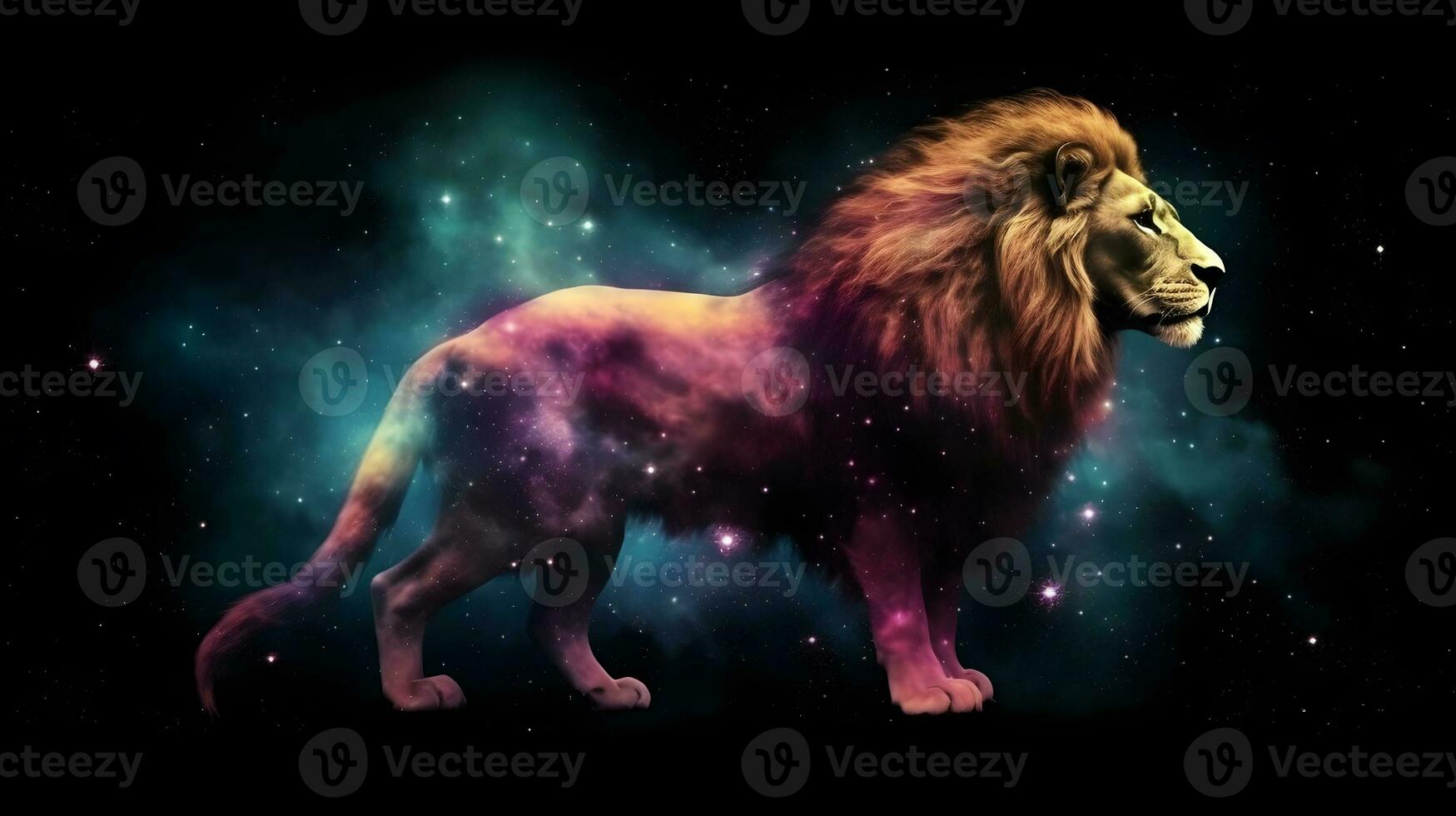 silhouette lion in Colorful space galaxy cloud nebula ,generative ai photo