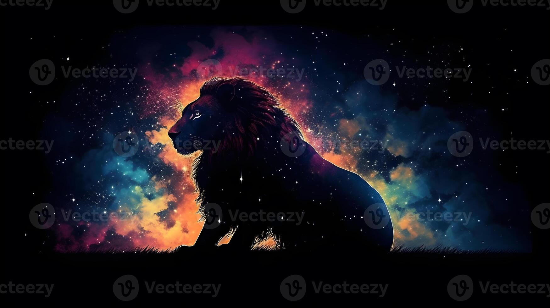 silhouette lion in Colorful space galaxy cloud nebula ,generative ai photo