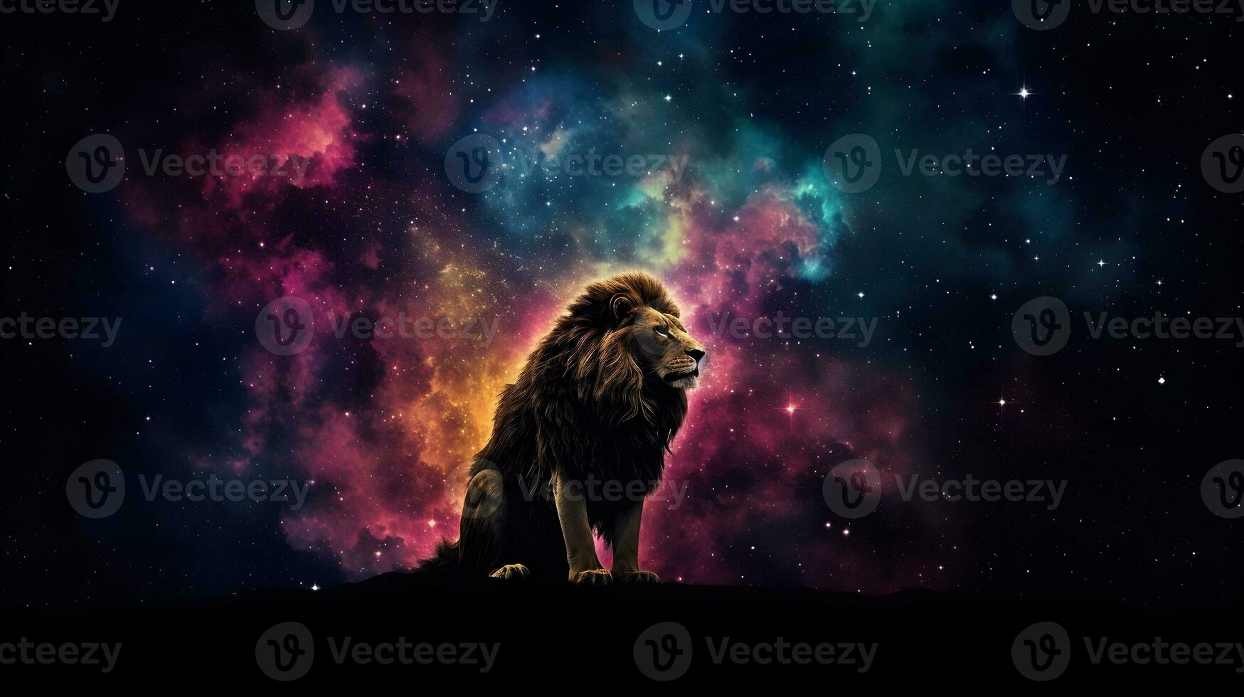 silhouette lion in Colorful space galaxy cloud nebula ,generative ai photo