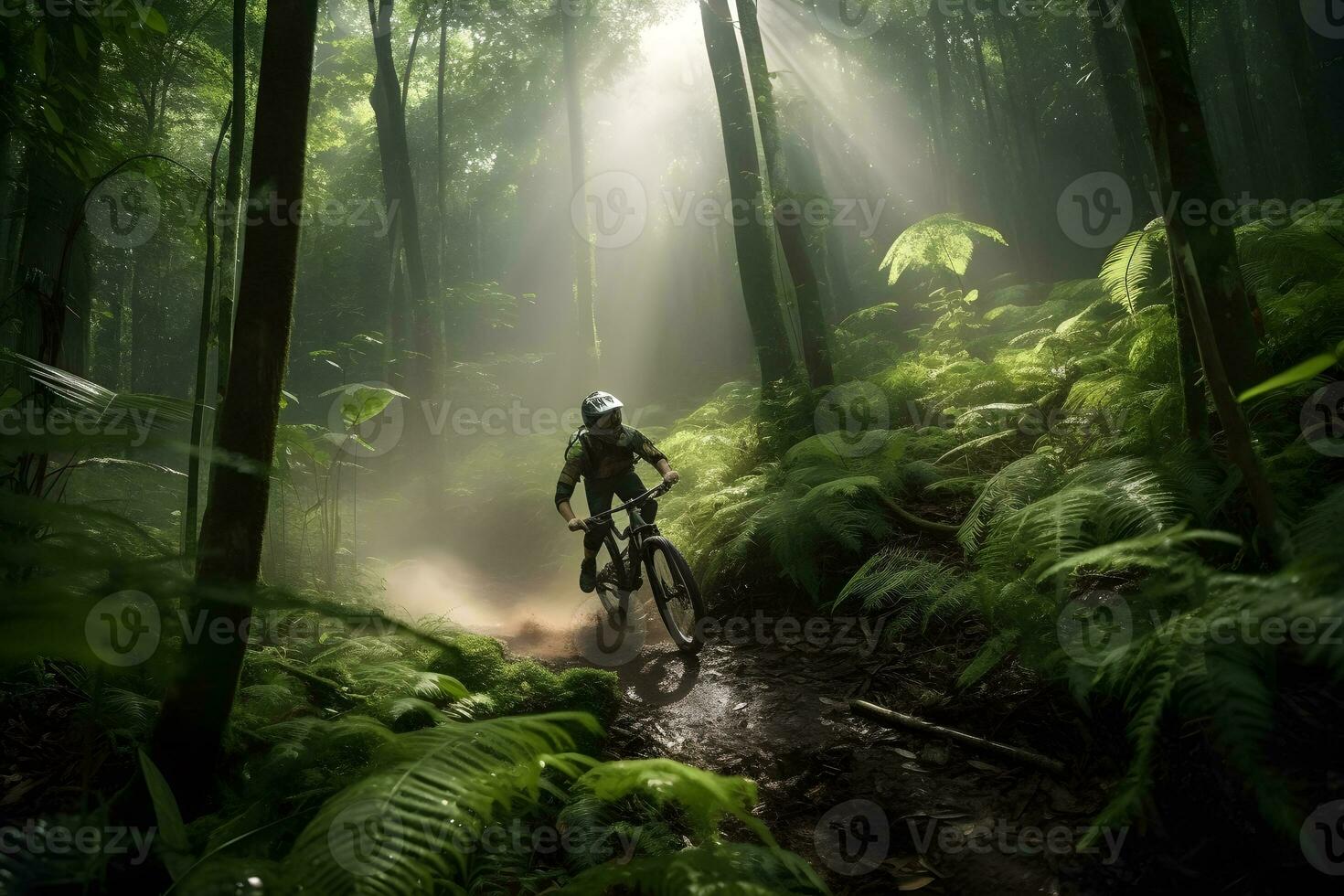 montaña bicicleta carreras en tropical bosque ,generativo ai foto