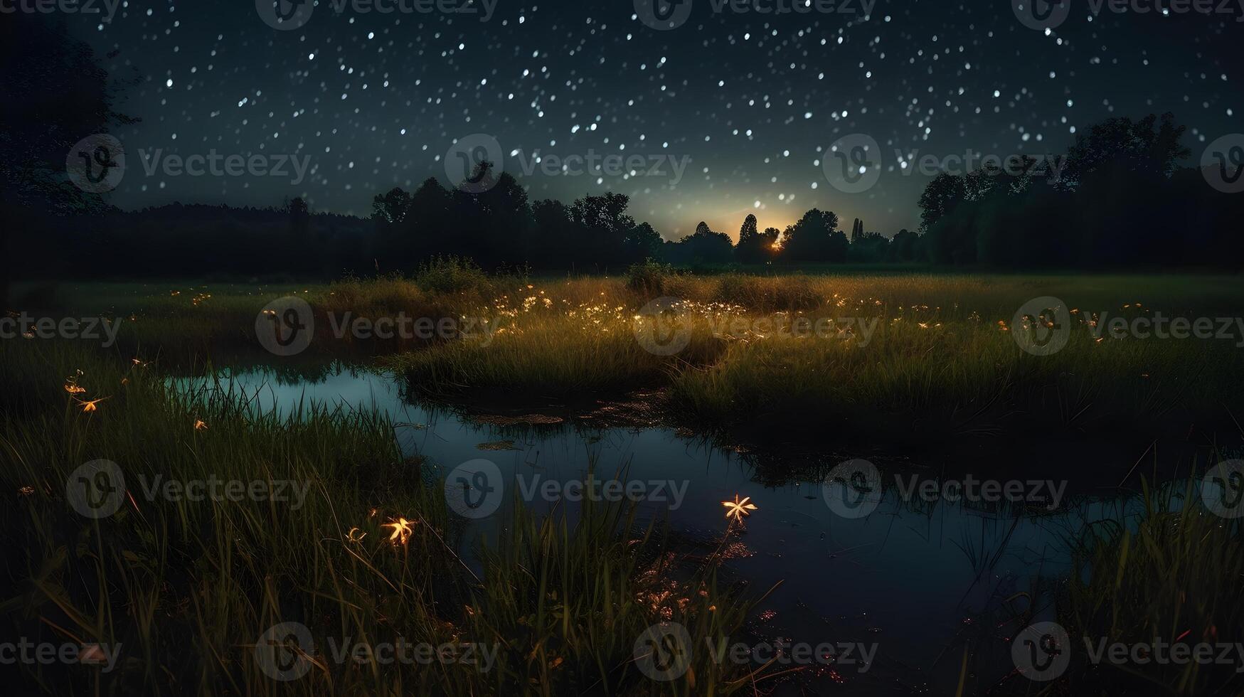 fireflies in a meadow by the lake at night , photo