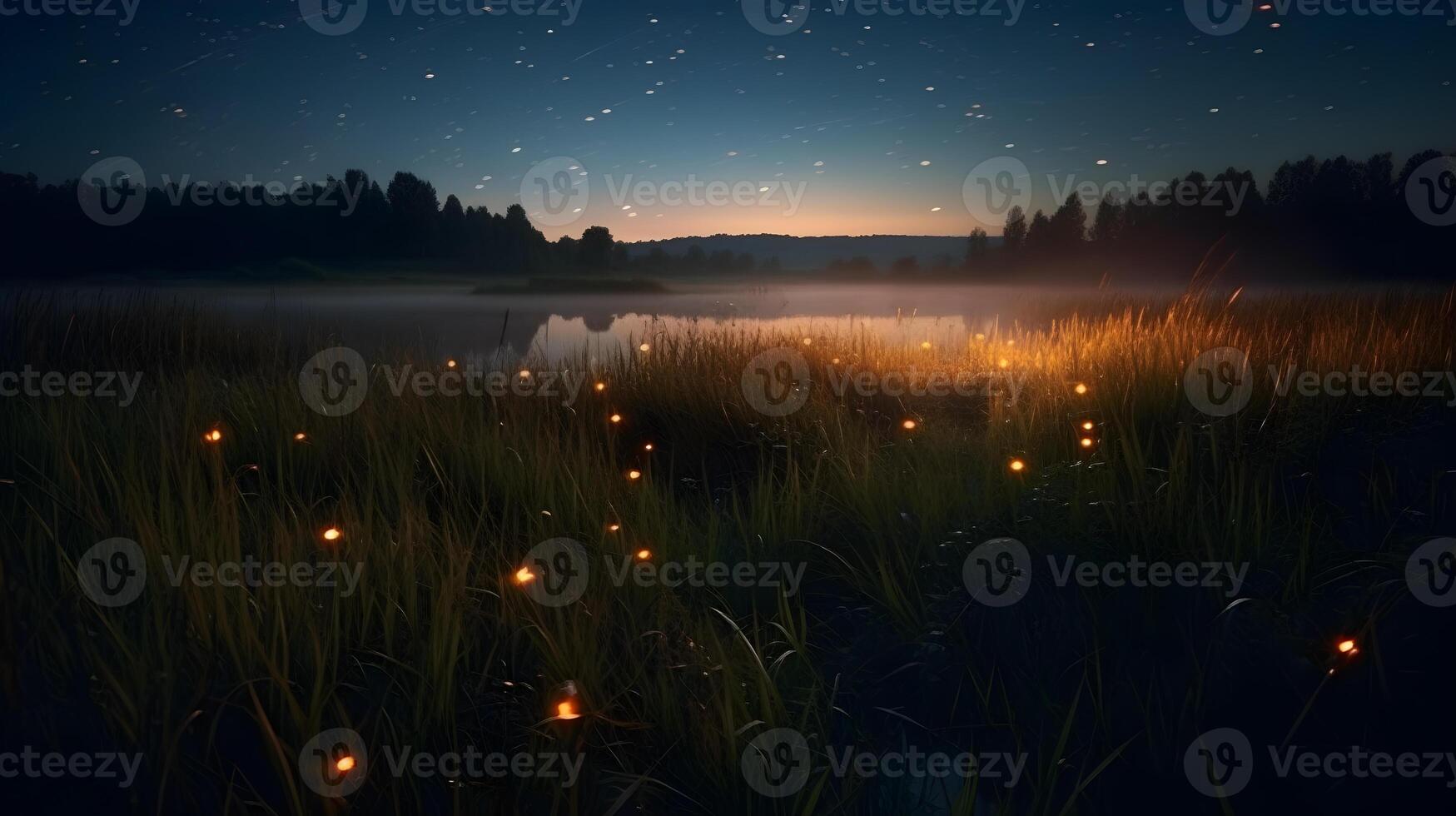 fireflies in a meadow by the lake at night , photo