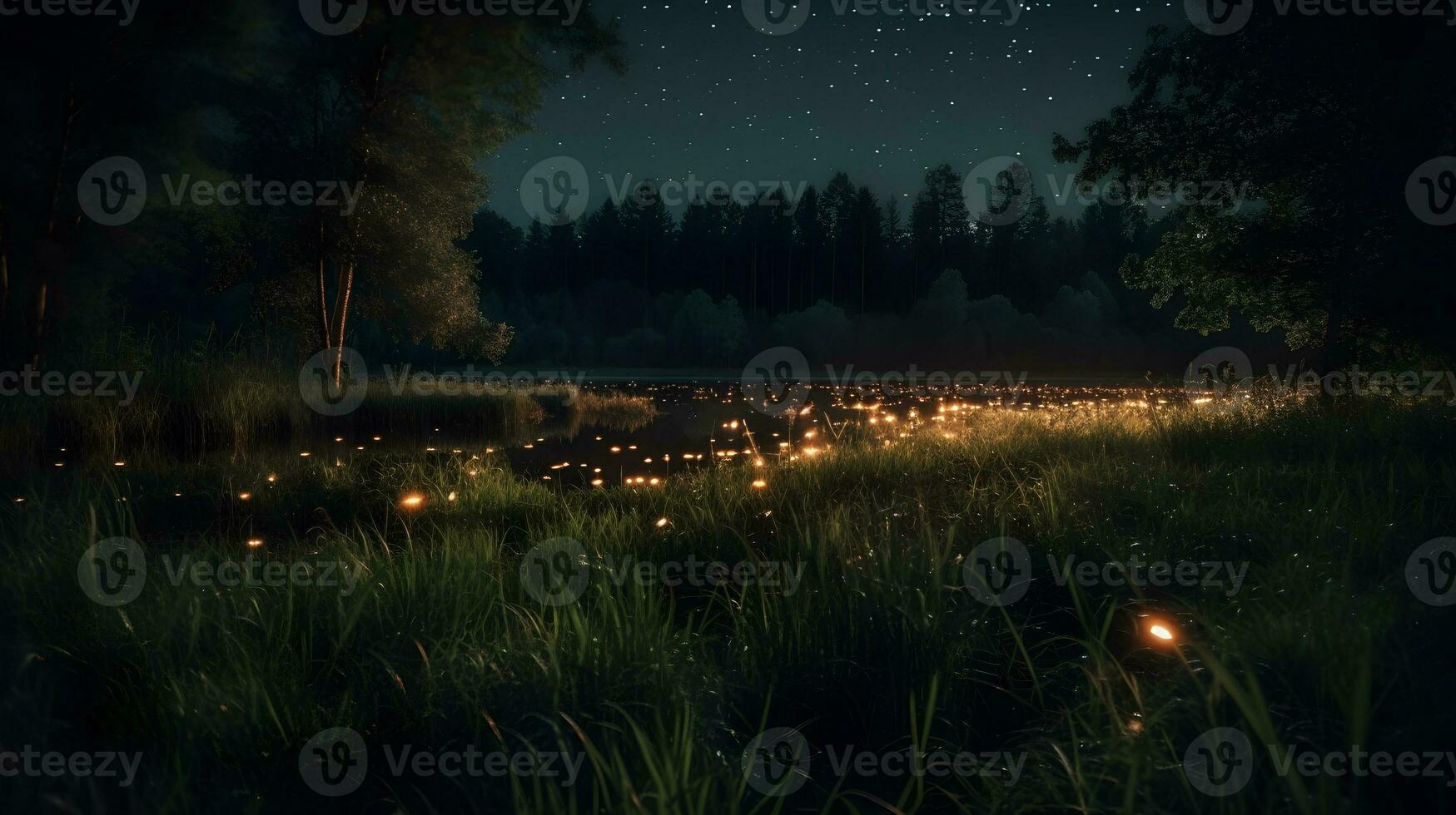 fireflies in a meadow by the lake at night ,generative ai photo