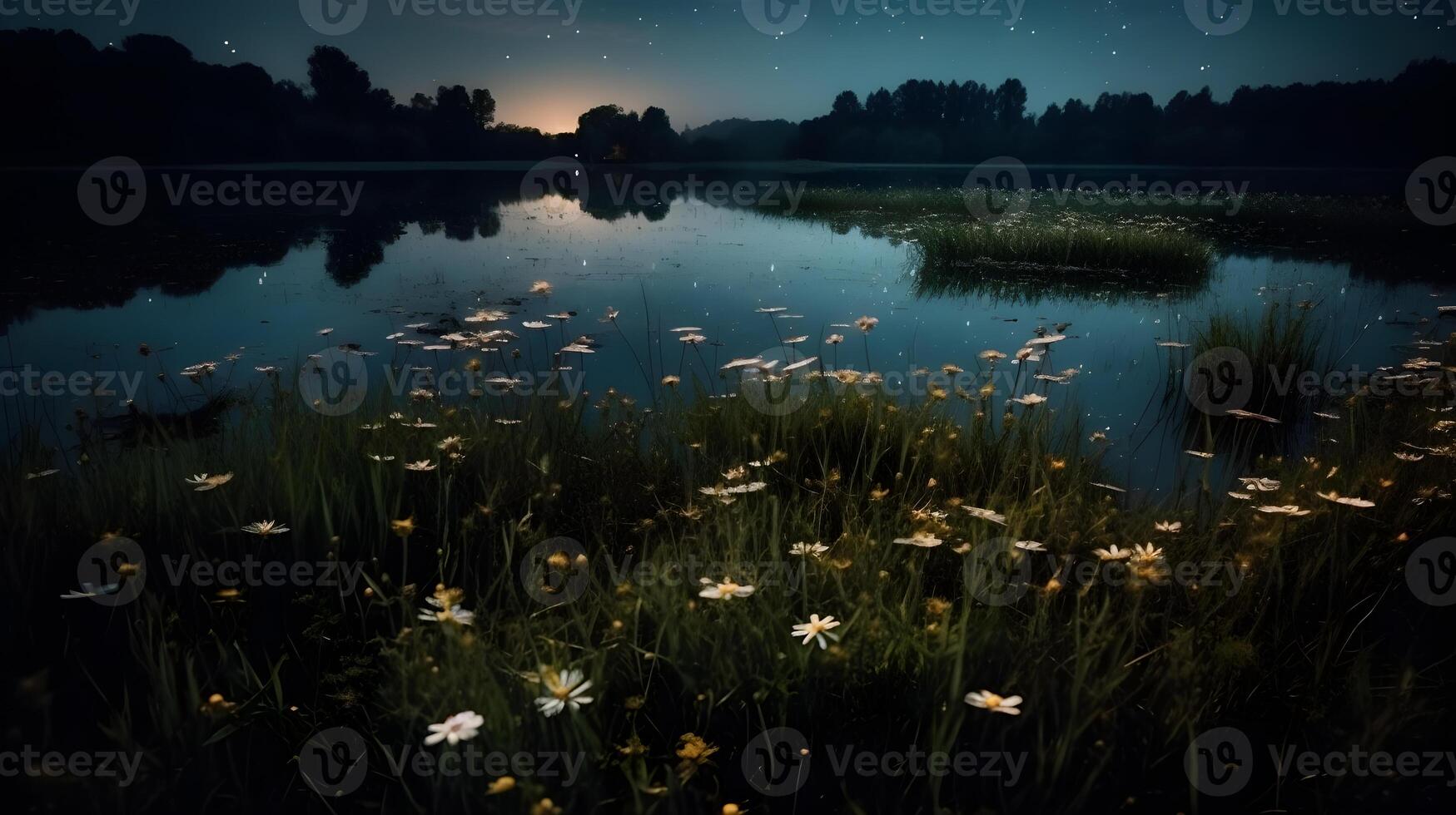 fireflies in a meadow by the lake at night , photo