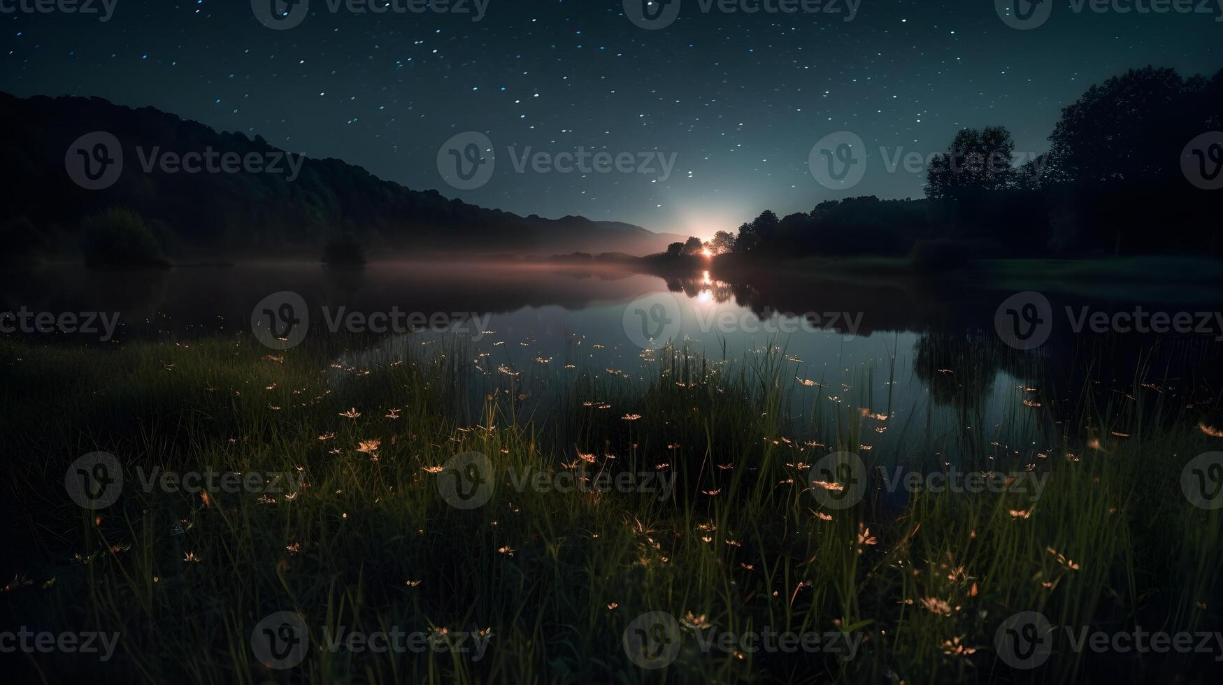 fireflies in a meadow by the lake at night , photo