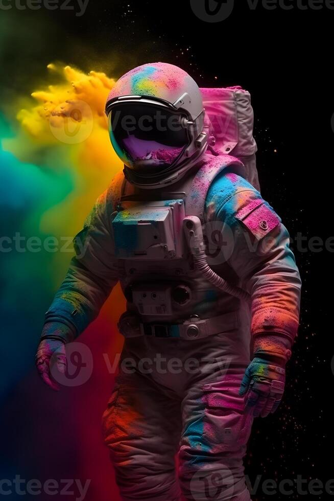 cosmonaut in front of colors of rainbow powder explosion ,generative ai photo