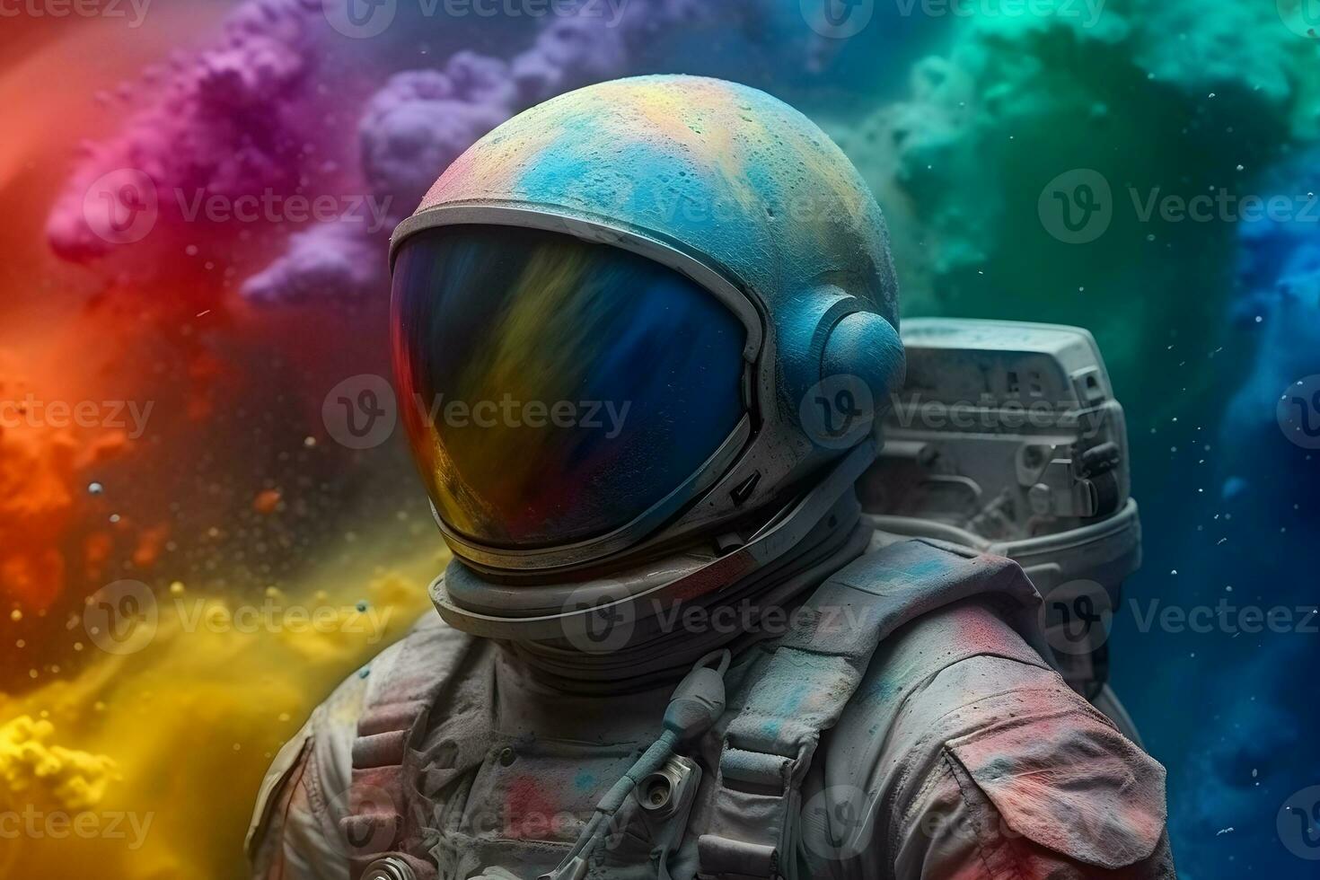 cosmonaut in front of colors of rainbow powder explosion ,generative ai photo