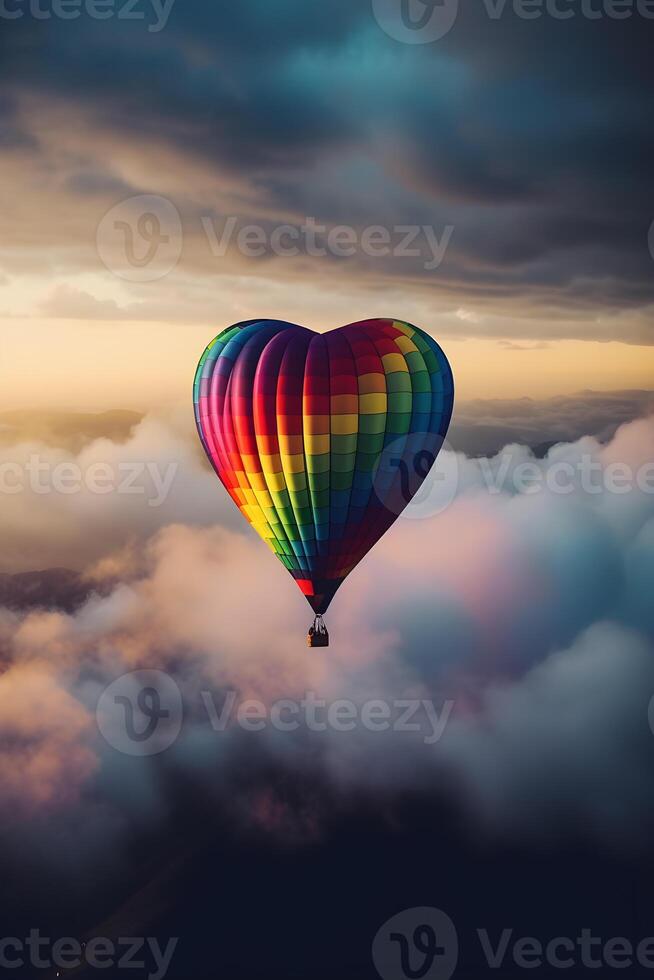 heart shaped hot air balloon with rainbow colors ,generative ai photo