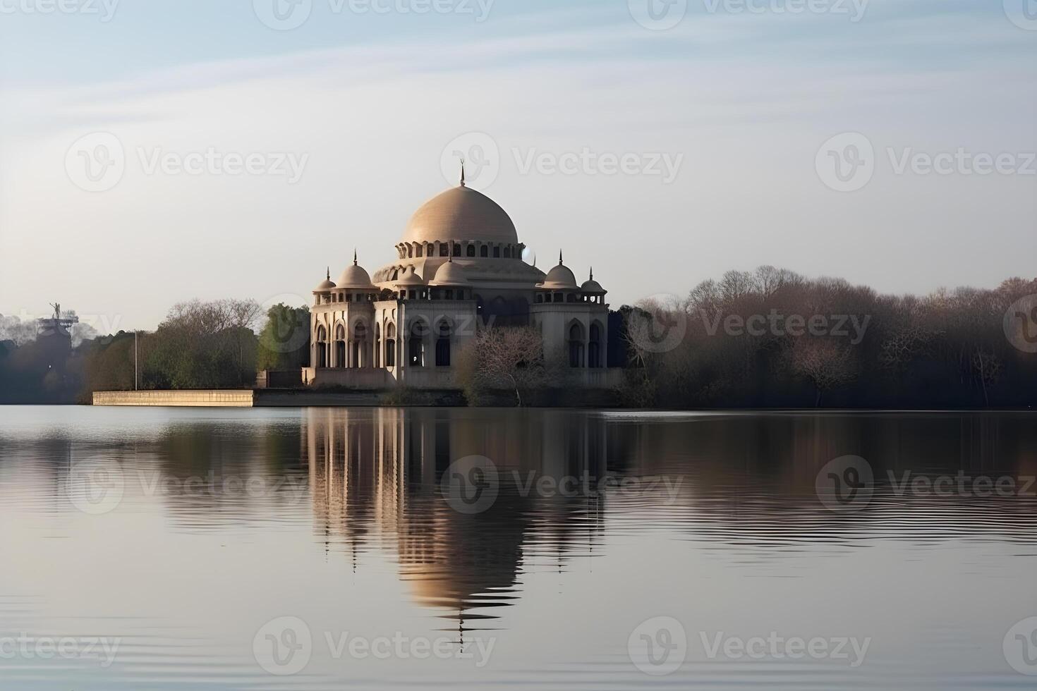 view of the magnificent mosque from the edge of the lake ,generative ai photo