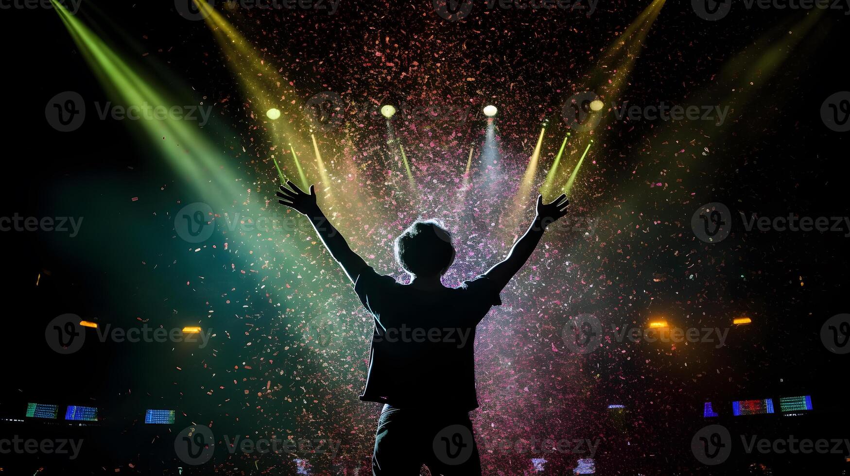 silhouette a man from the stage celebrating success witnessed by thousands of people , photo