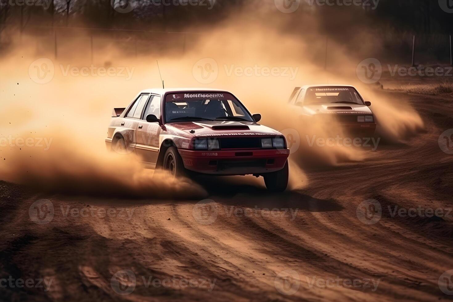 Photo Panning Rally Cars Overtaking Each Other on the dirt track ,generative ai