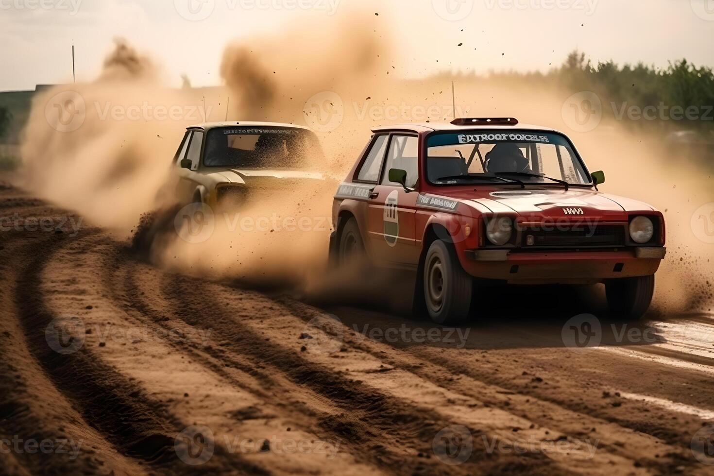 Photo Panning Rally Cars Overtaking Each Other on the dirt track ,generative ai