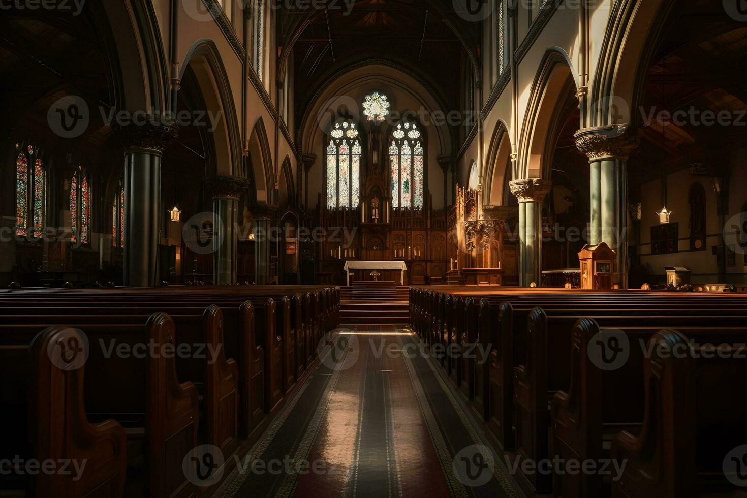 classic church interior front view ,generative ai photo