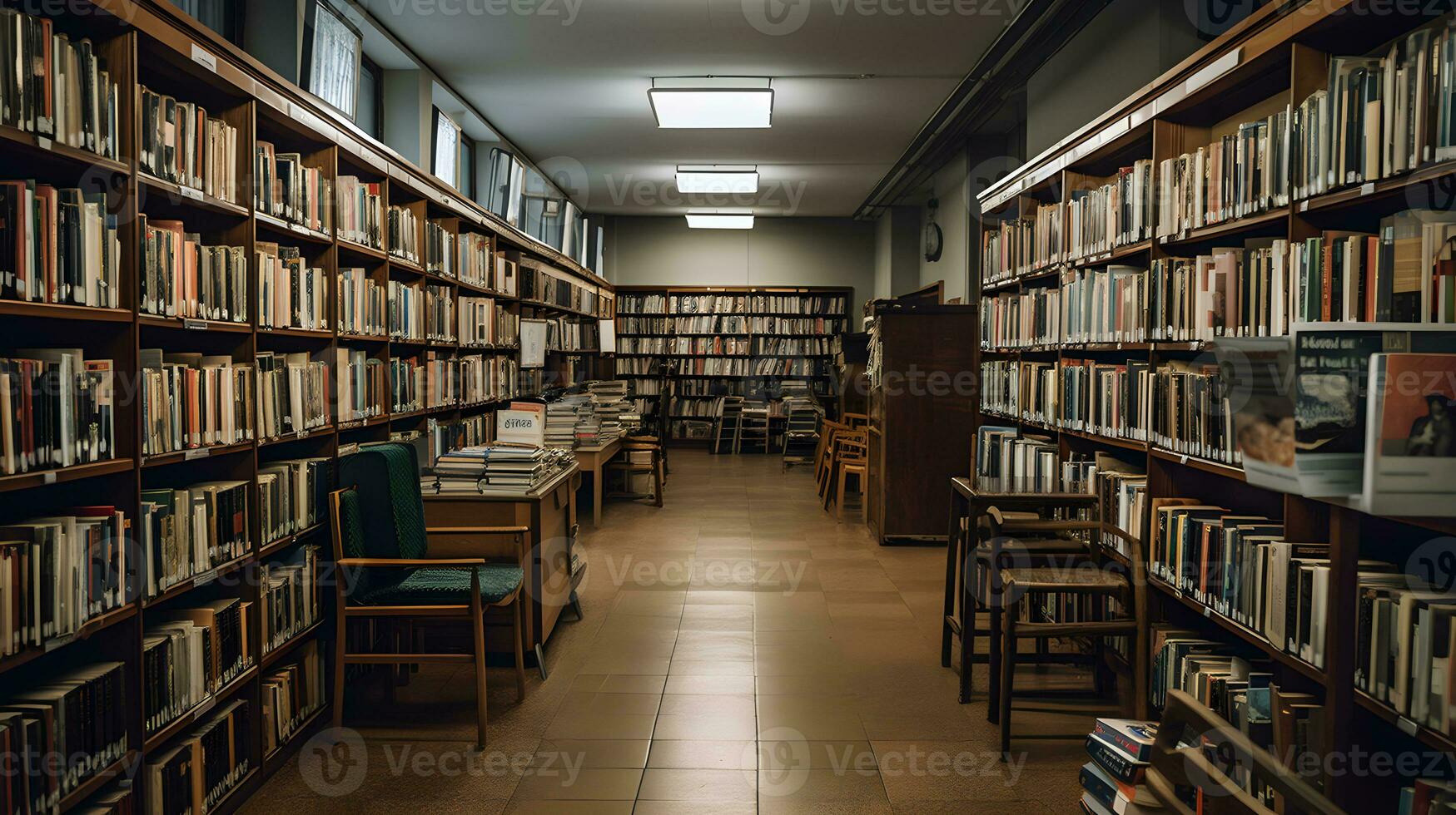 old library interior with books on shelves ,generative ai photo
