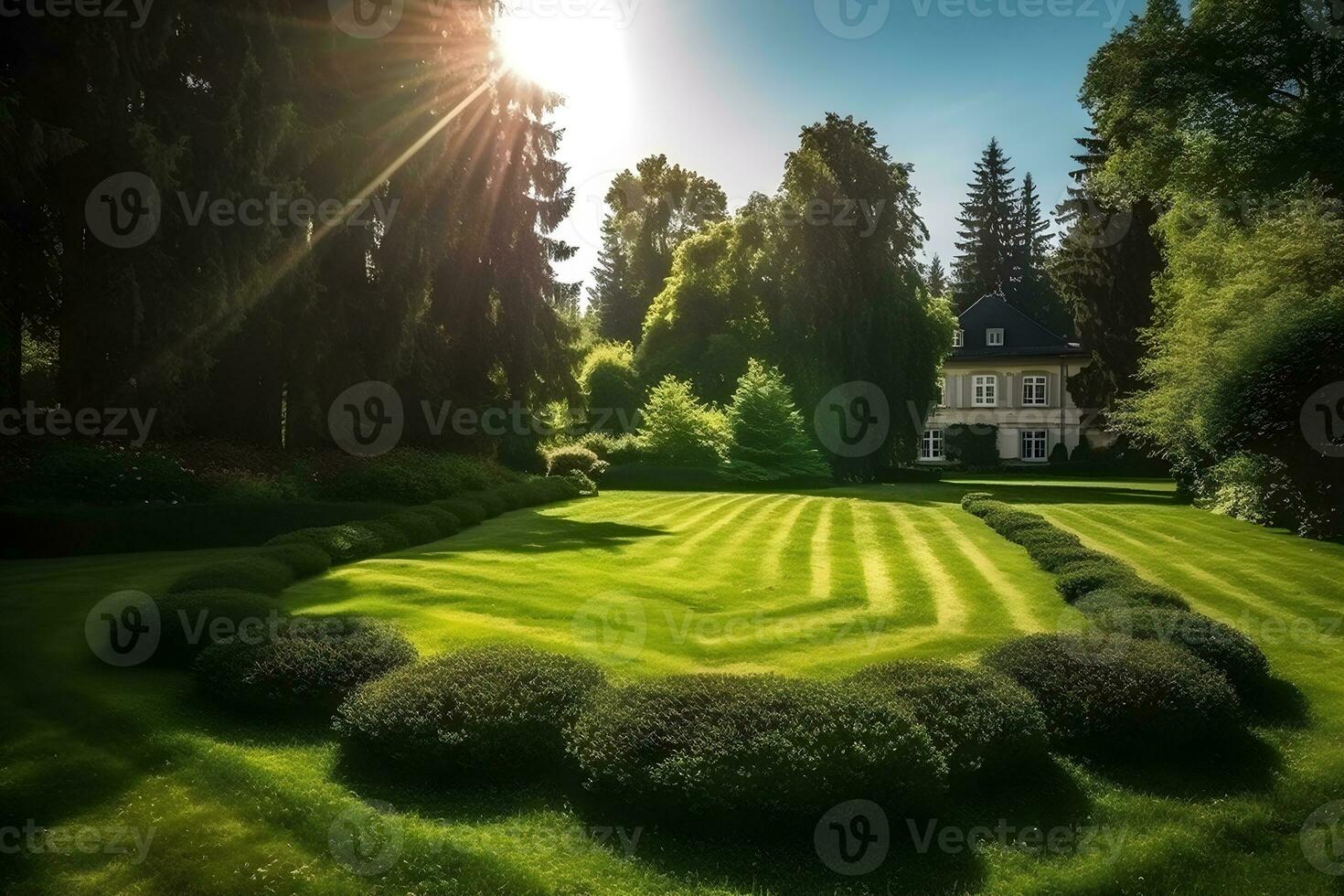 manicured country lawn surrounded by trees ,generative ai photo