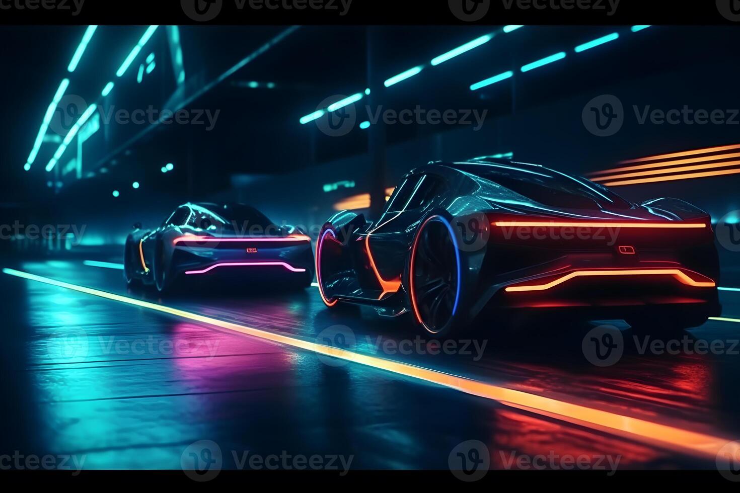 futuristic car race with neon effect , photo