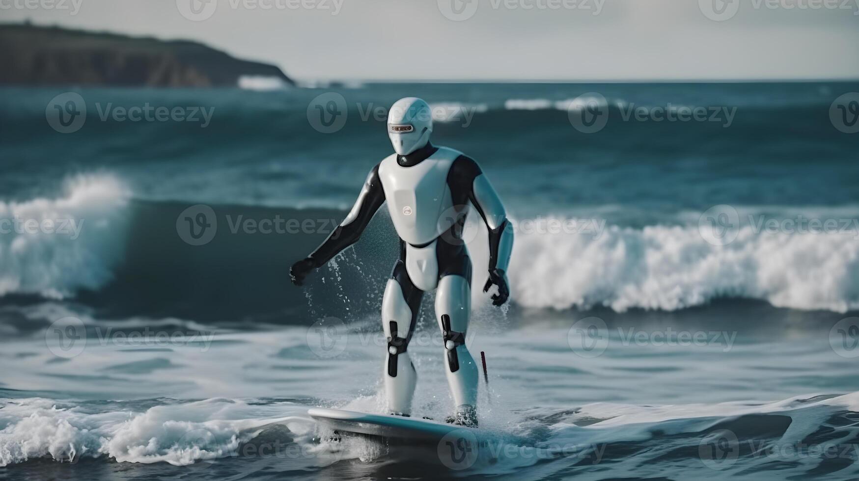 humanoid robot is surfing in the sea , photo