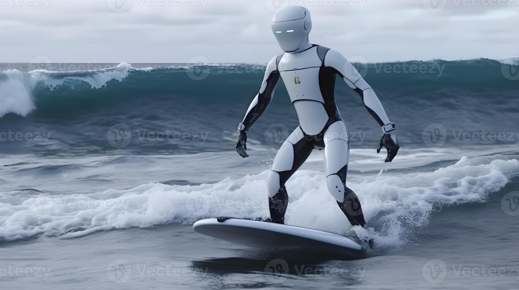 humanoid robot is surfing in the sea , photo